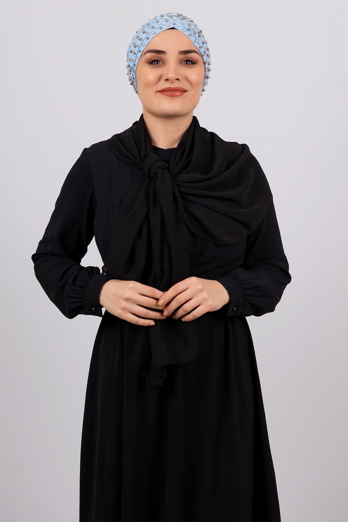 Bebe Mavisi Pratik Hazır Geçmeli Tesettür Bone Sandy Kumaş Taşlı 1456_11