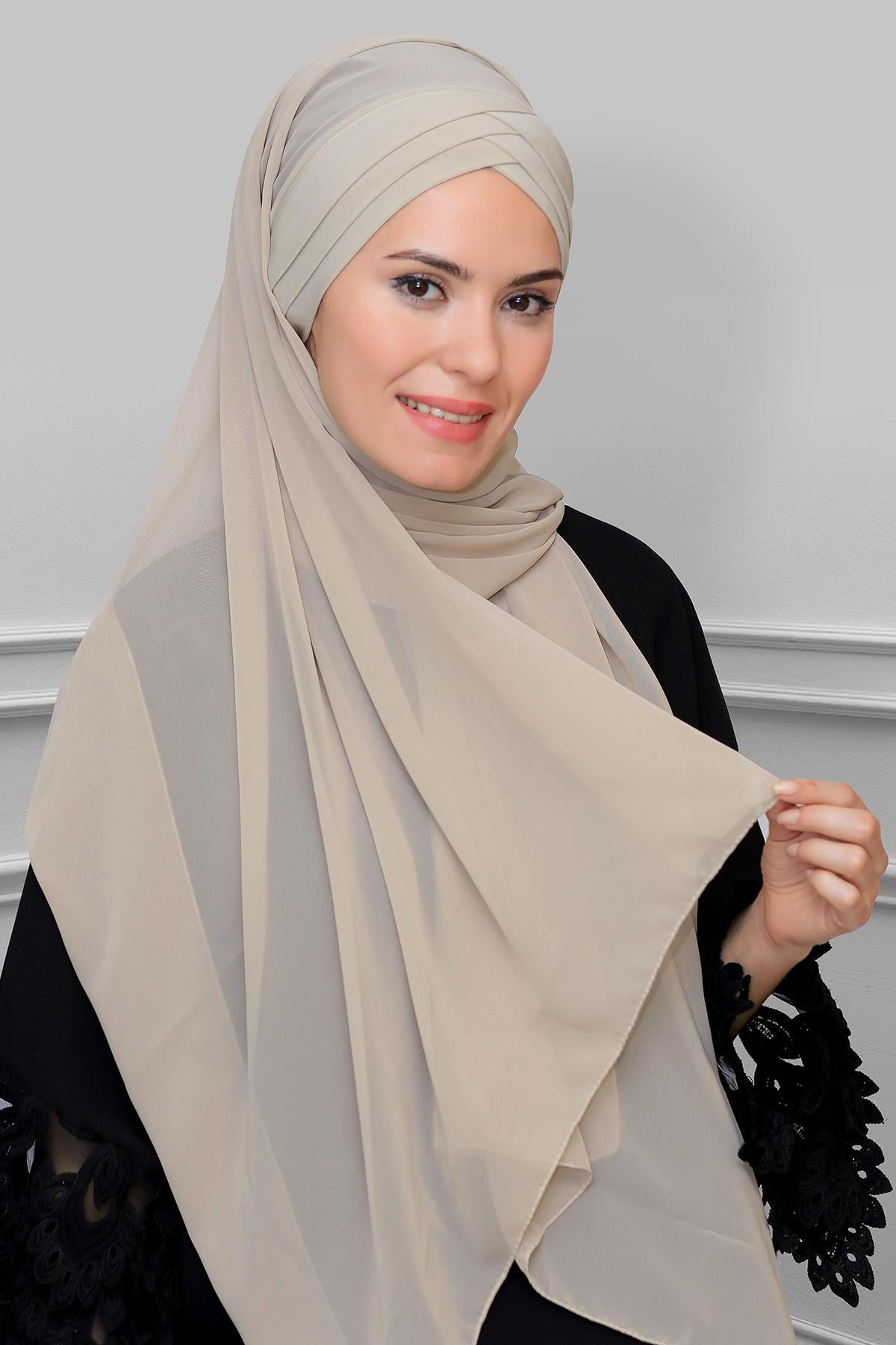 Bej Arkadan Bağlamalı Şal Şifon Çapraz Üç Bantlı 1457_12