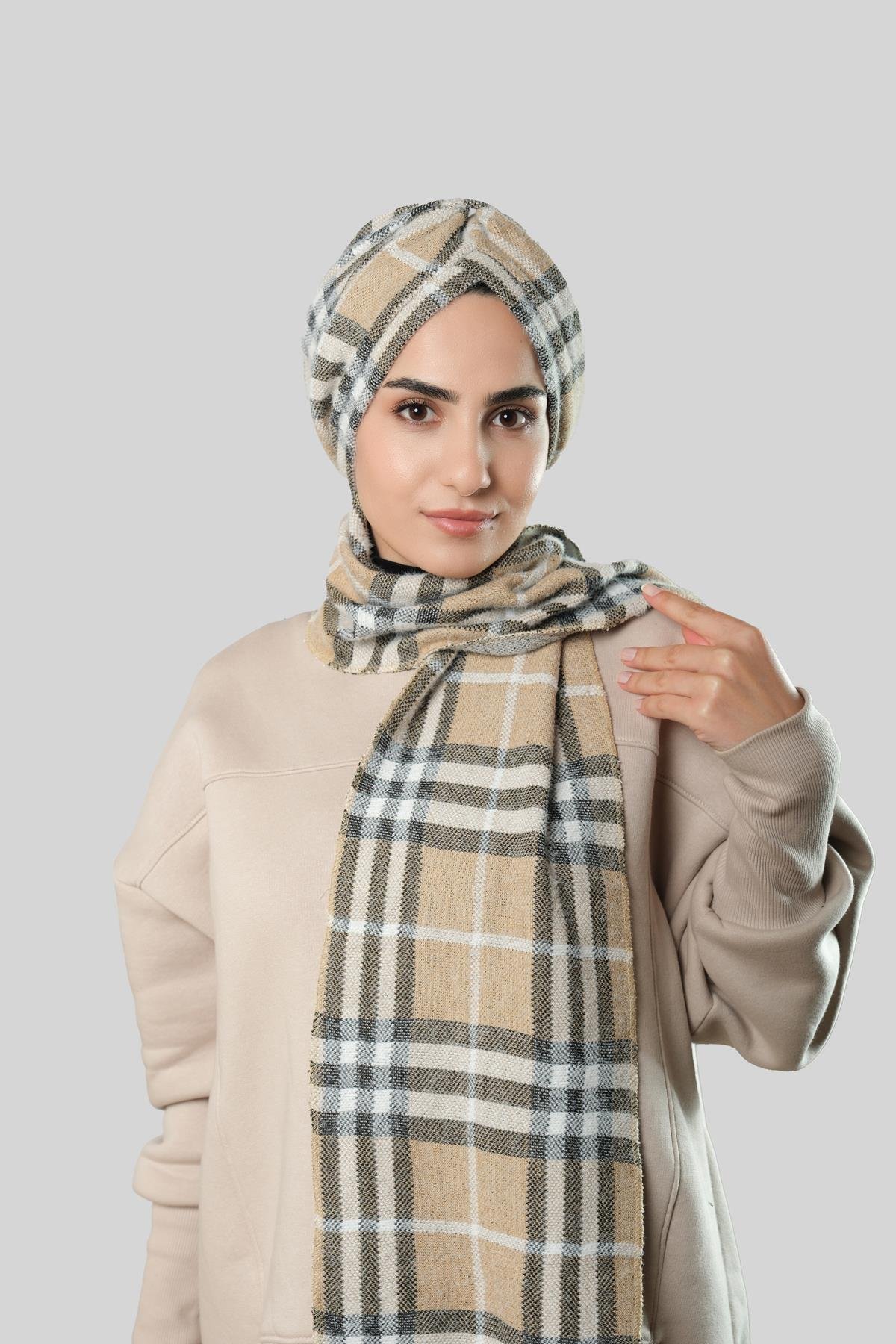 Beige Winter Self-Scarved Hijab Bonnet Jacquard Plaid 2322_12