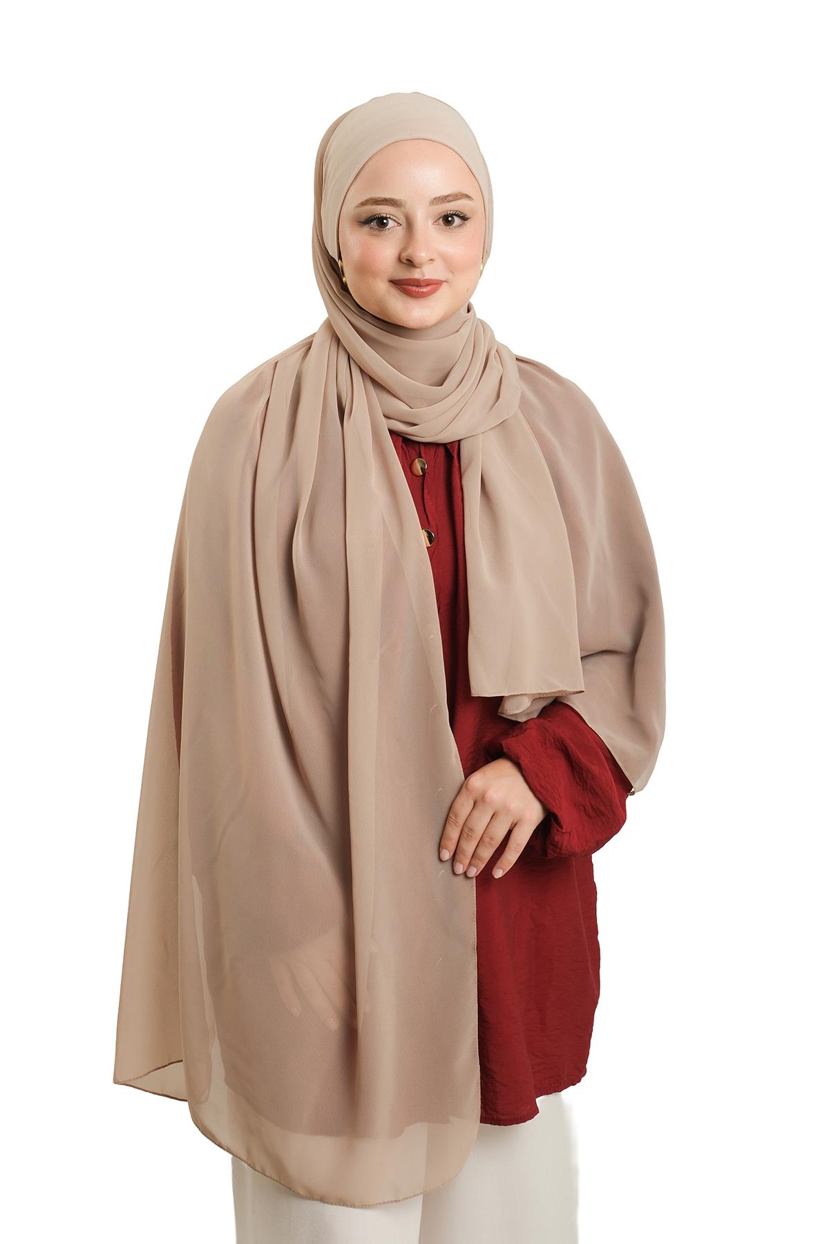 Bej Pratik Hazır Geçmeli Bone Şal Şifon Düz 2506_12