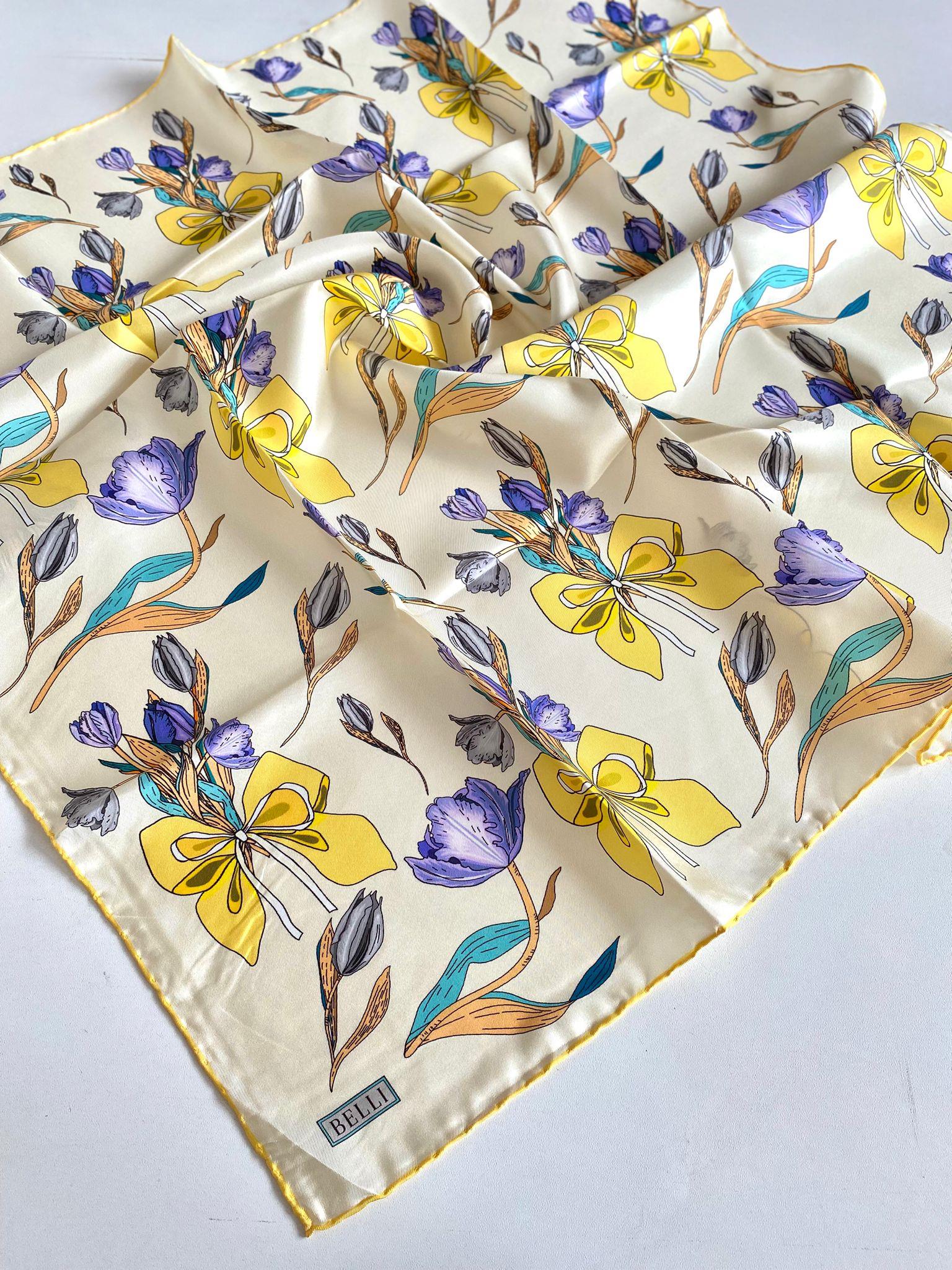 Belli Tivil İpek Eşarp 4037-83 Sarı Karışık Desen 