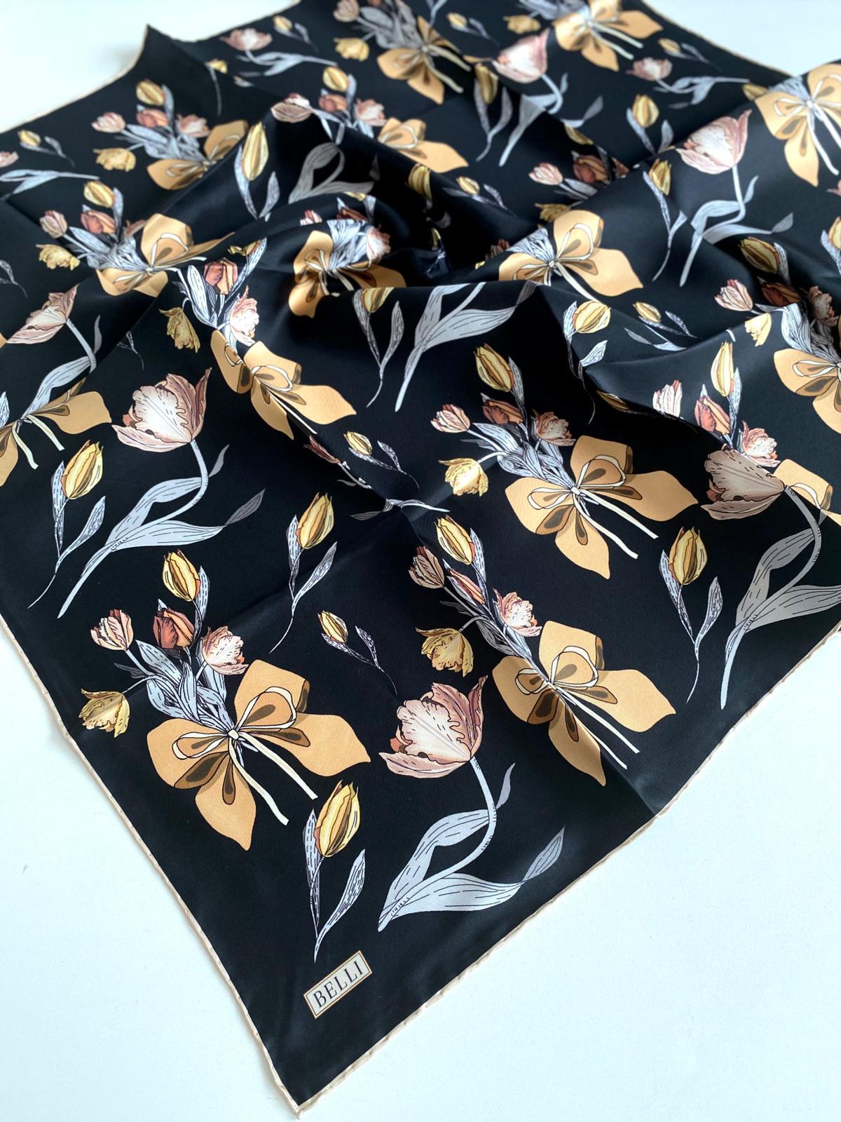 Belli Tivil İpek Eşarp 4037-86 Siyah Karışık Desen 