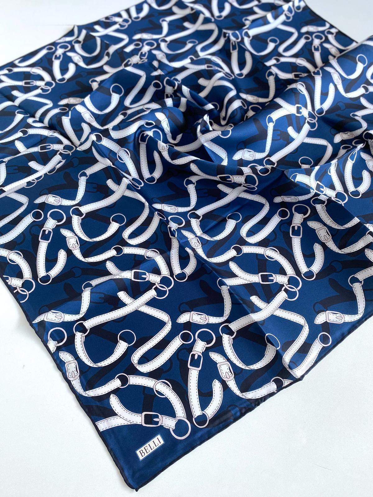 Belli Twill Silk Scarf 4125-09 Navy Blue Mixed Pattern