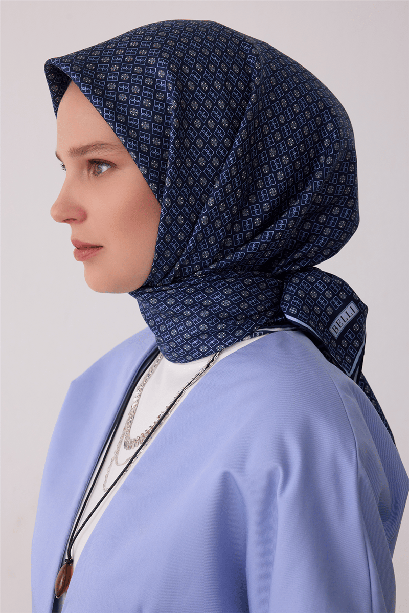Belli Tivil İpek Eşarp Lacivert 4418 05 Monogram Desen