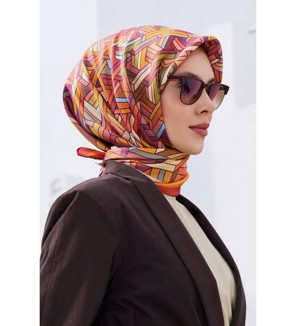 Belli Tivil Saf İpek Eşarp 4119 - 55 Pembe Karışık Desen
