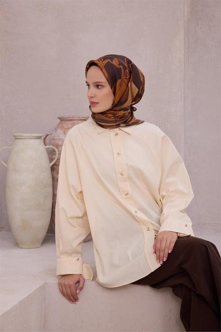 Belli Tivil Saf İpek Eşarp 4206 - 02 Koyu Kahverengi Batik Desen