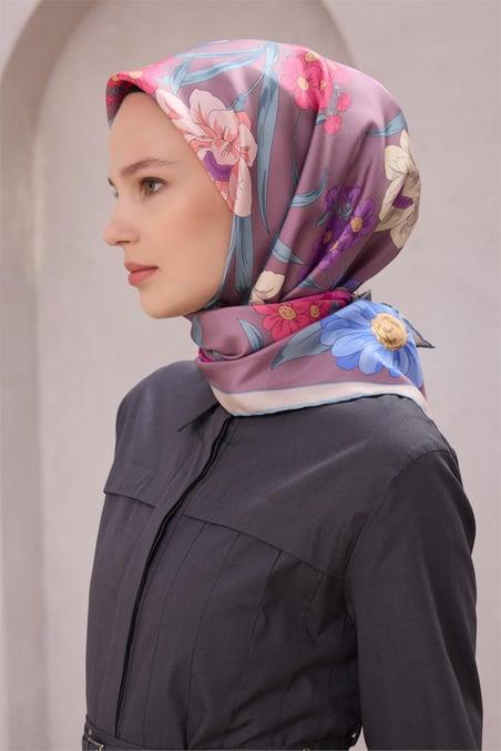 Belli Tivil Saf İpek Eşarp 4219 - 56 Koyu Lila Çiçek Desen