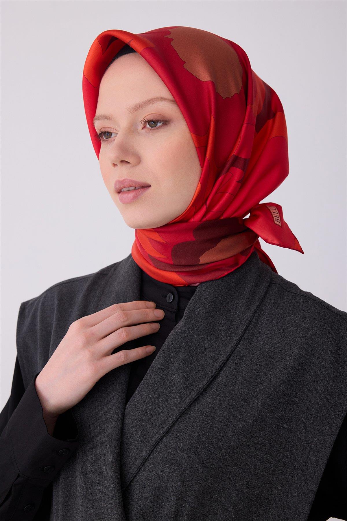 Belli Tivil Saf İpek Eşarp IST 4306 - 87 Kırmızı Soyut Desen