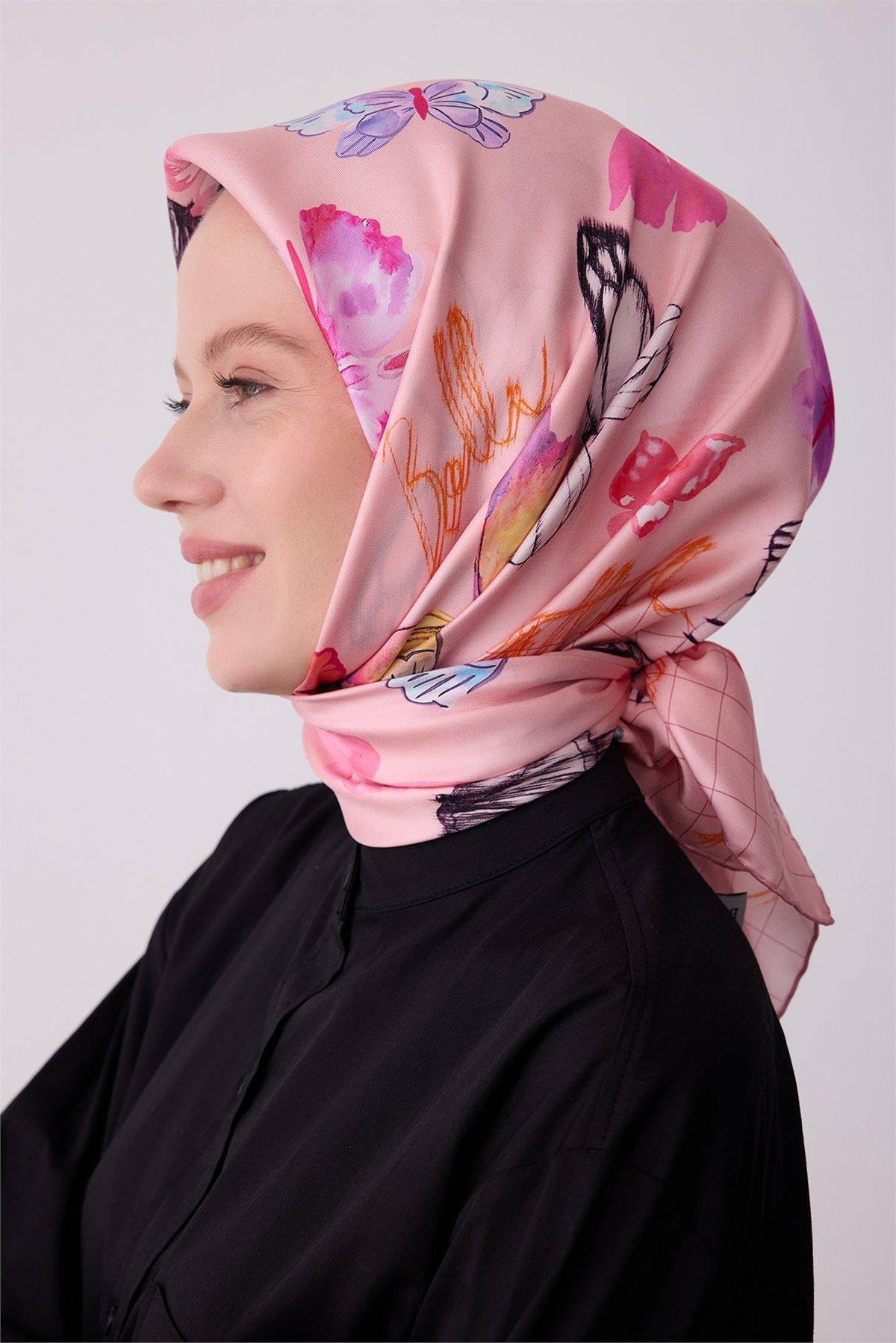 Belli Tivil Saf İpek Eşarp IST 4329 - 02 Pembe Kelebek Desen