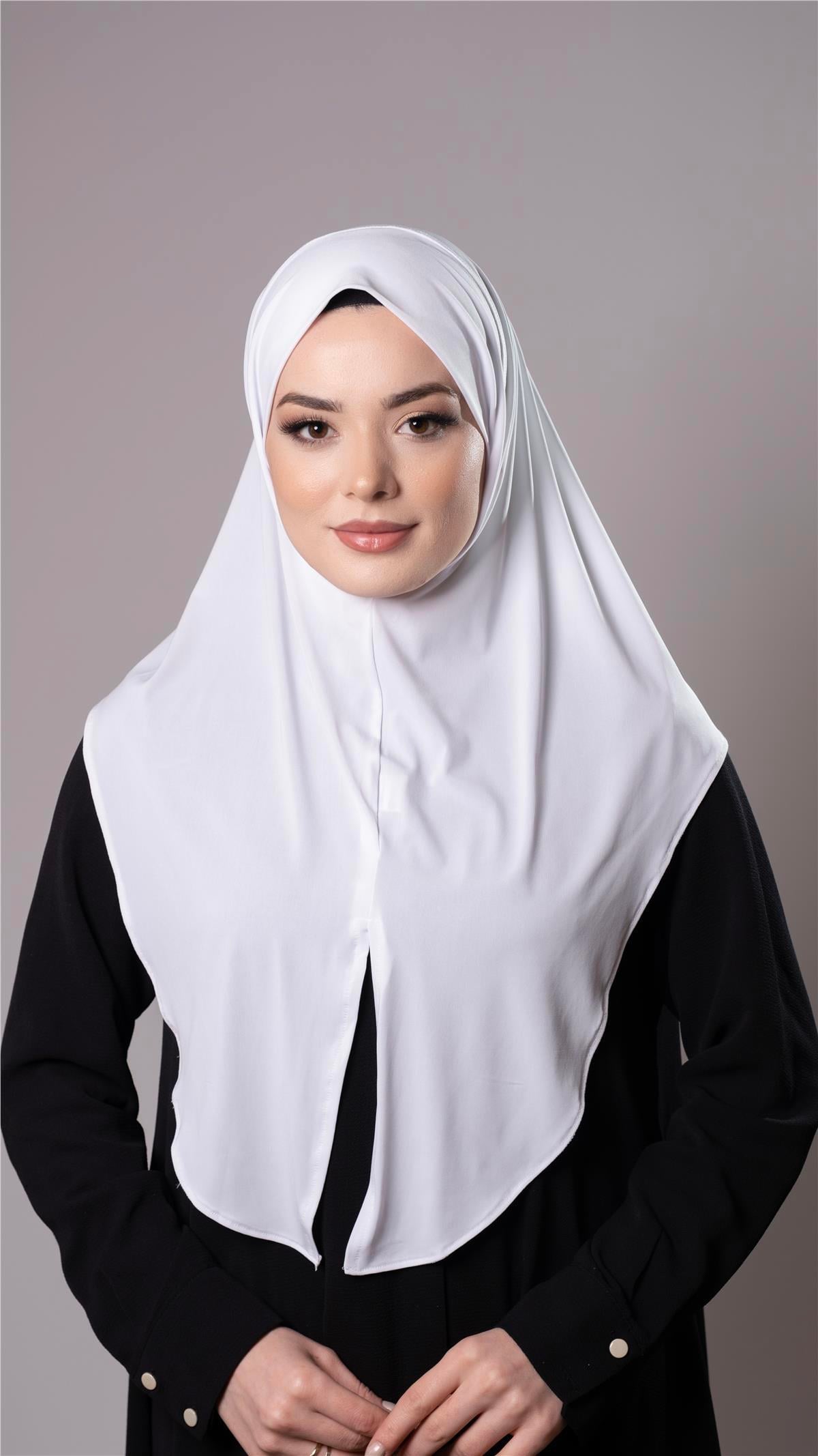 Beyaz Pratik Hazır Geçmeli Tesettür Eşarp Sandy Kumaş Yırtmaçlı Düz Hijab 2310_42