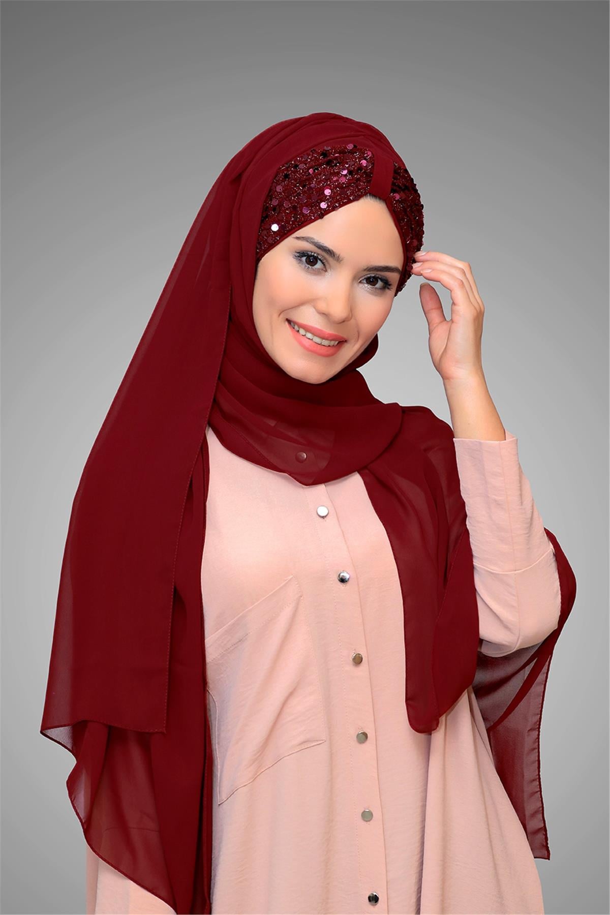 Bordo Arkadan Bağlamalı Şal Şifon Pullu Pileli 1914_16