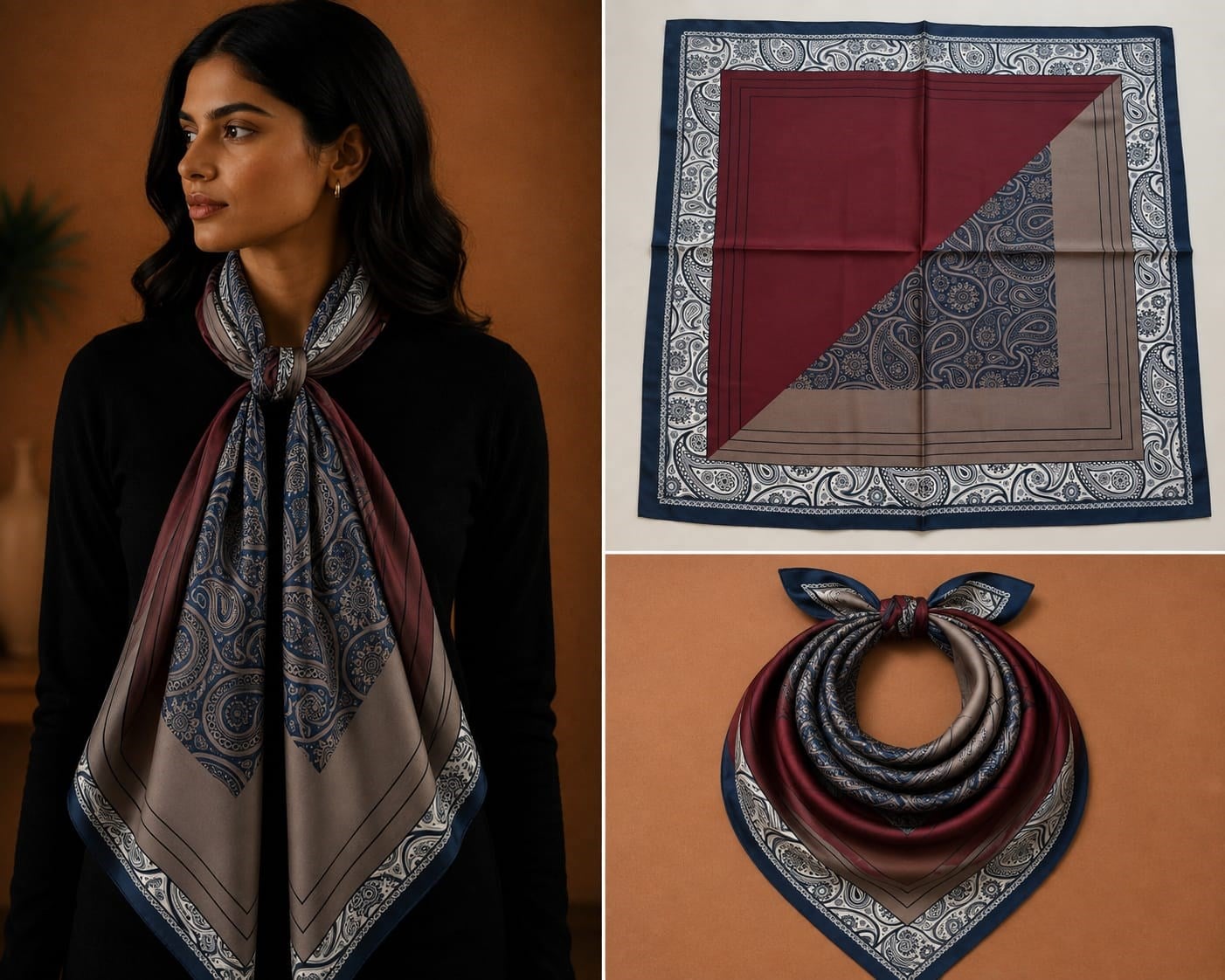 Bordo Lacivert Soyut Desenli İpek Fular