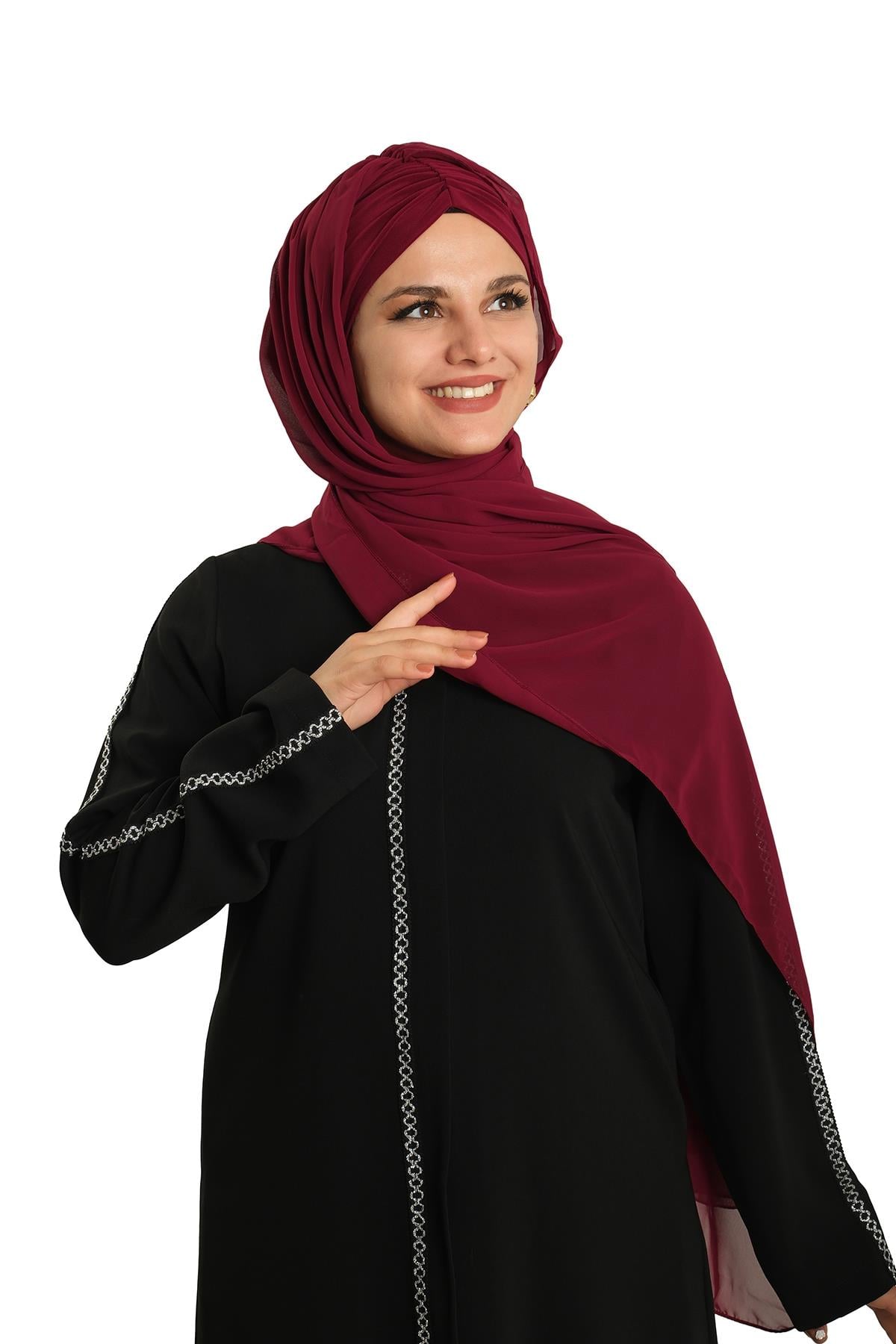 Bordo Pratik Hazır Geçmeli Bone Şal Şifon Drapeli 2507_16