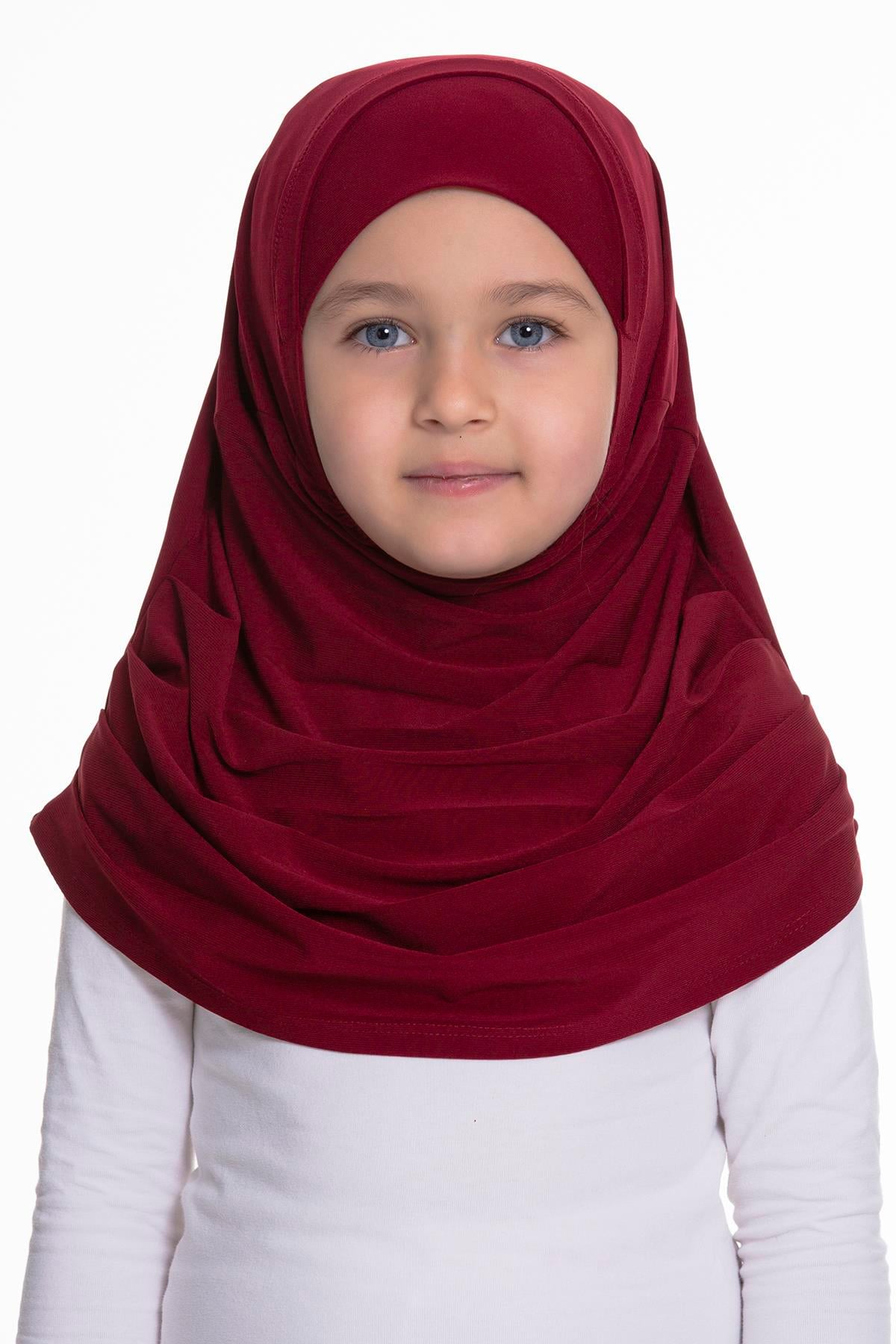 Bordo Pratik Hazır Geçmeli Çocuk Tesettür Bone Sandy Kumaş Kendinden Boneli 78_16