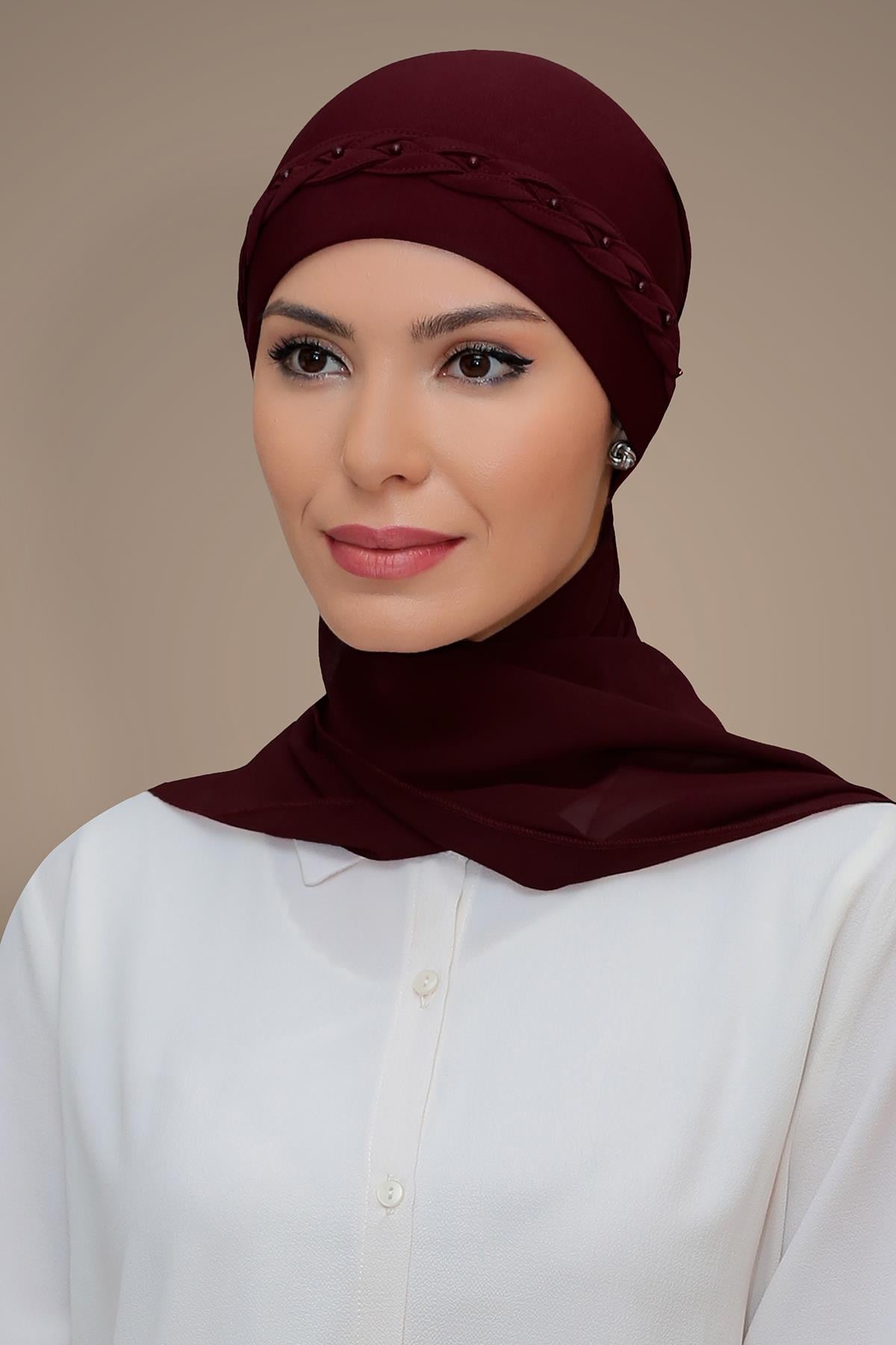 Bordo Pratik Hazır Geçmeli Tesettür Bone Sandy Kumaş Örgülü Güllü Şifon Atkılı 1203A_16