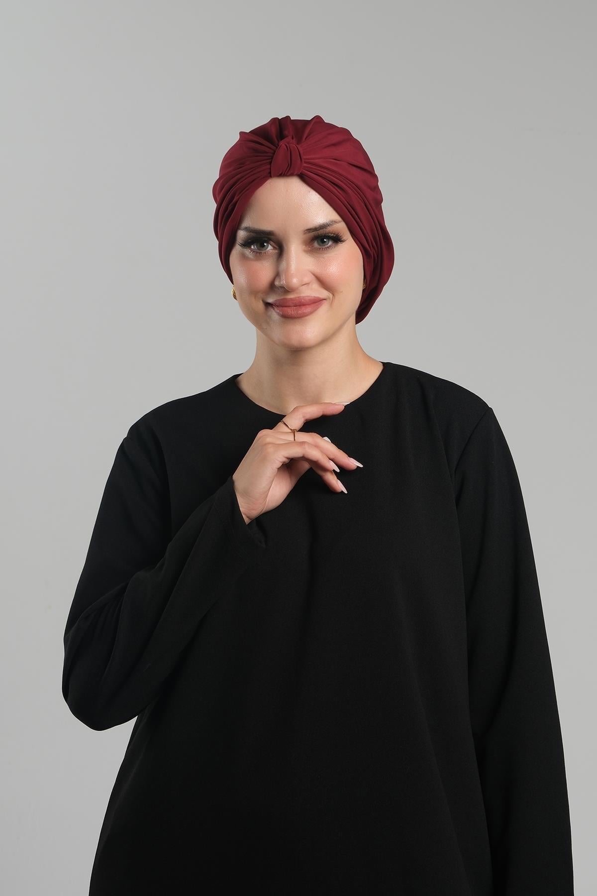 Bordo Pratik Hazır Geçmeli Tesettür Bone Sandy Pileli Salaş 2121_16