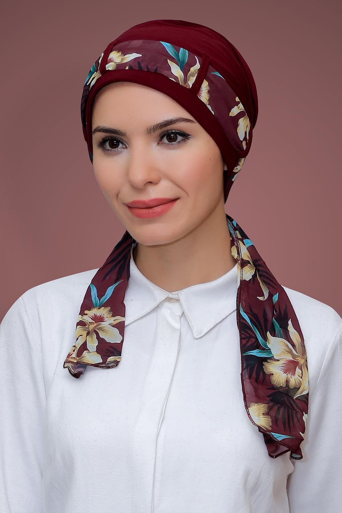 Bordo Pratik Hazır Geçmeli Tesettür Bone Sandy Kumaş Desenli Şifon Kemerli 1205D_16
