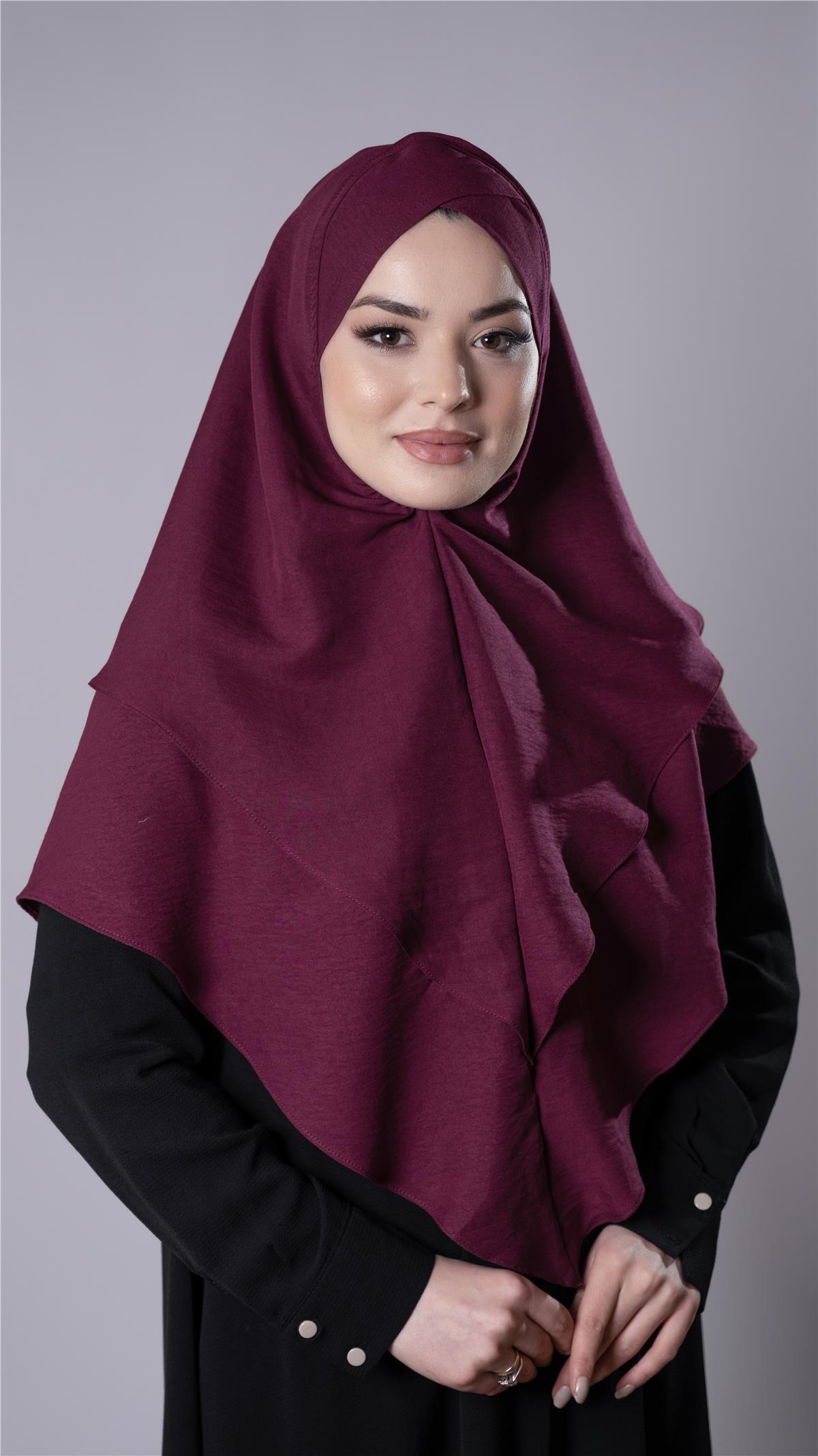 Bordo Pratik Hazır Geçmeli Tesettür Eşarp Pamuk Caz Kumaş Çift Katlı Çapraz Hijab 2304_16