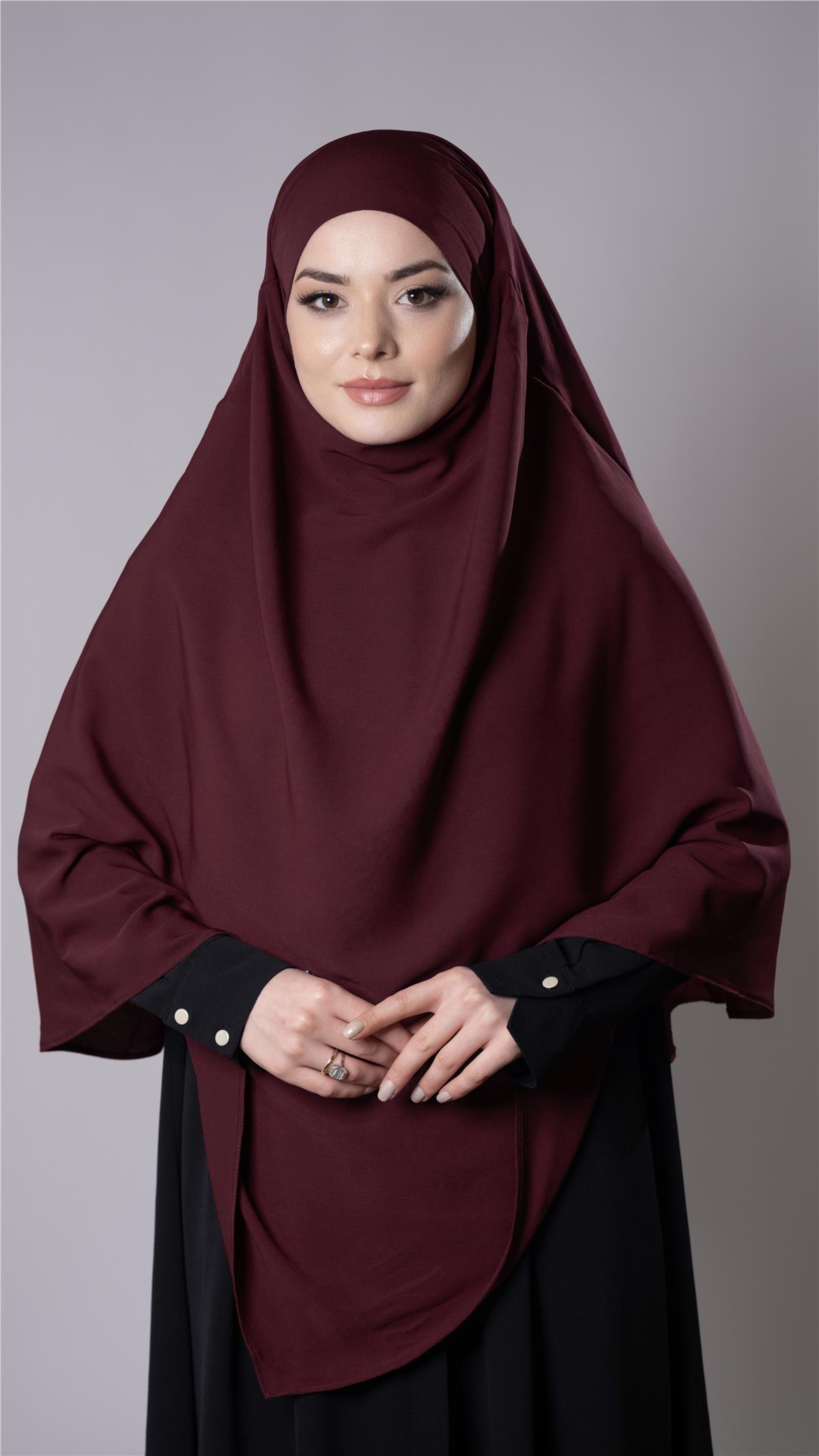 Bordo Pratik Hazır Geçmeli Tesettür Eşarp Medine İpeği Kumaş Arkadan Bağlamalı Çift Katlı Sufle Hijab 2302_16