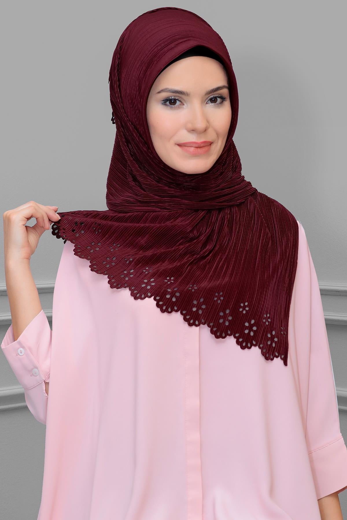 Bordo Pratik Hazır Geçmeli Tesettür Eşarp Fukuro Piliseli Çiçek Desenli Lazer Kesim 1819_16