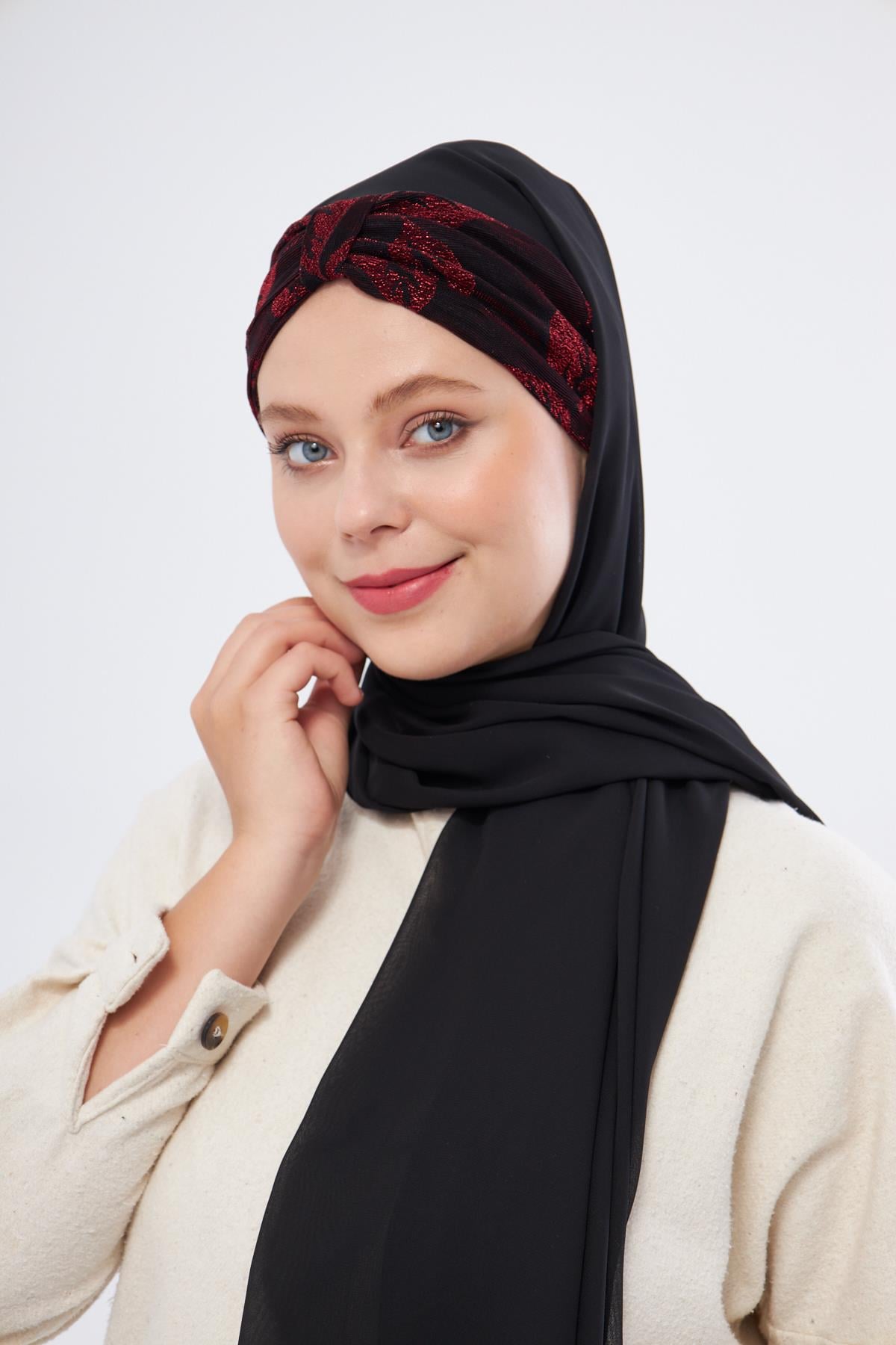 Bordo Taşlı Arkadan Bağlamalı Şal Şifon Çiçek Desenli 2318_16