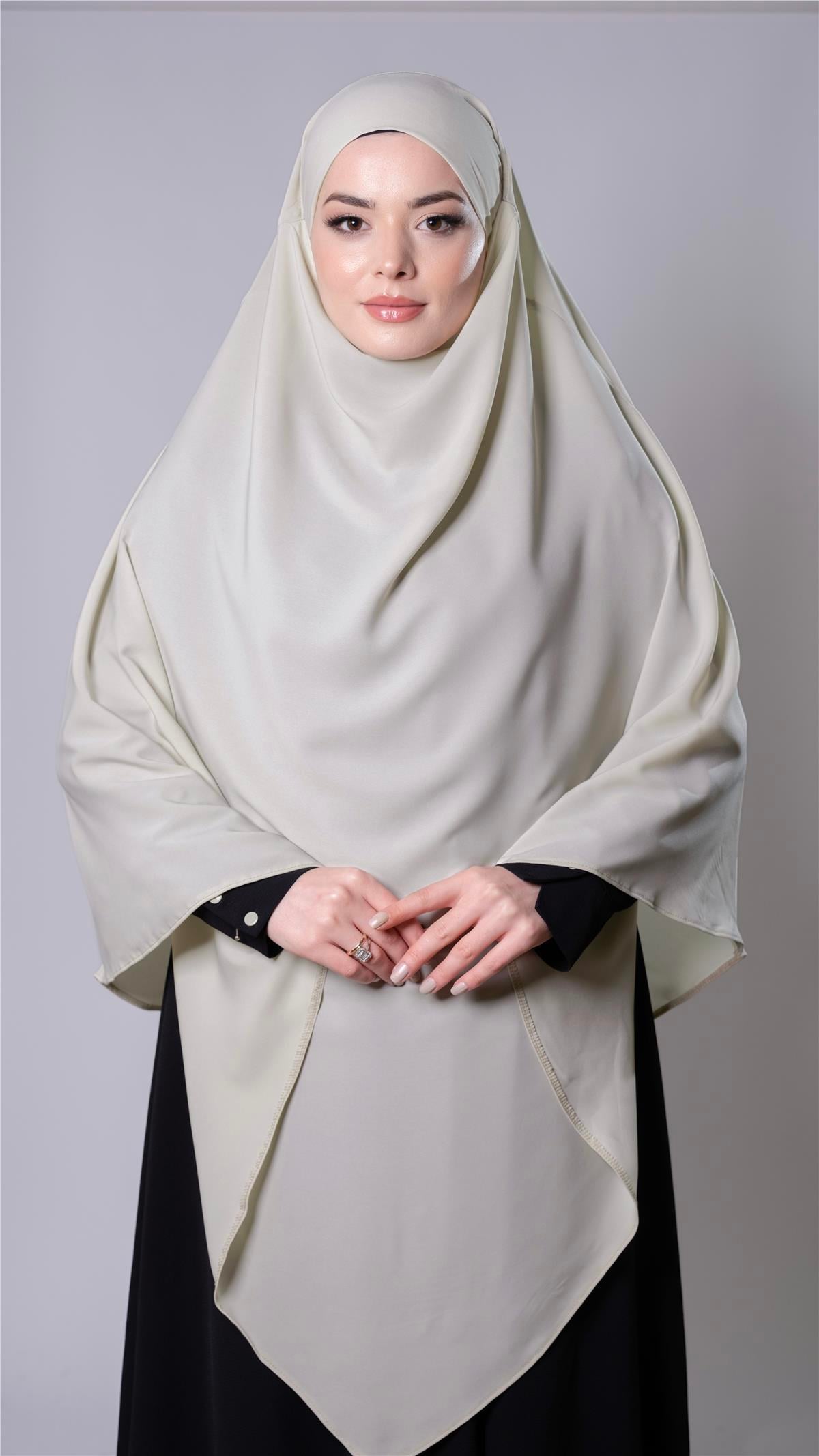 Ekru Pratik Hazır Geçmeli Tesettür Eşarp Medine İpeği Kumaş Arkadan Bağlamalı Sufle Hijab 2301_27