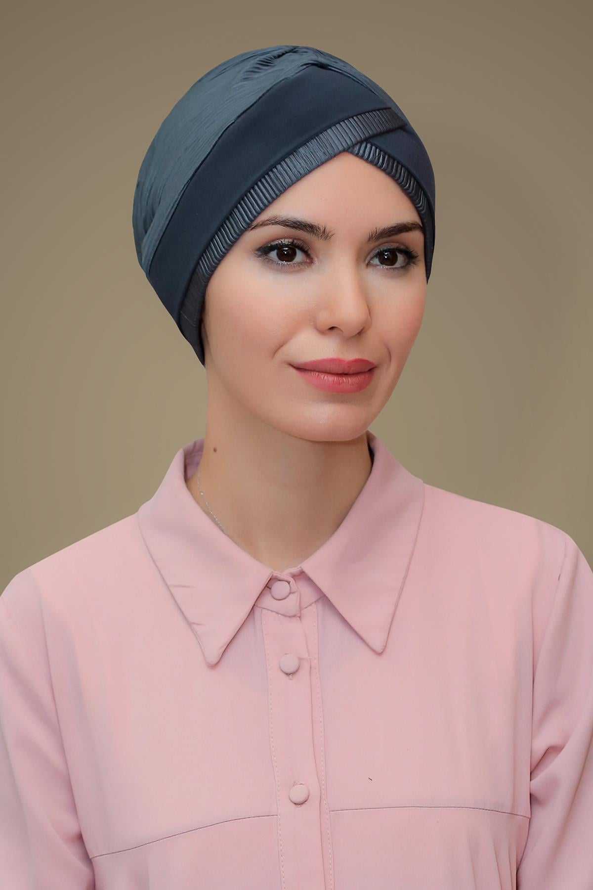 Füme Pratik Hazır Geçmeli Tesettür Bone Fukuro Piliseli Tek Bantlı Çapraz Büzgülü 1821_25