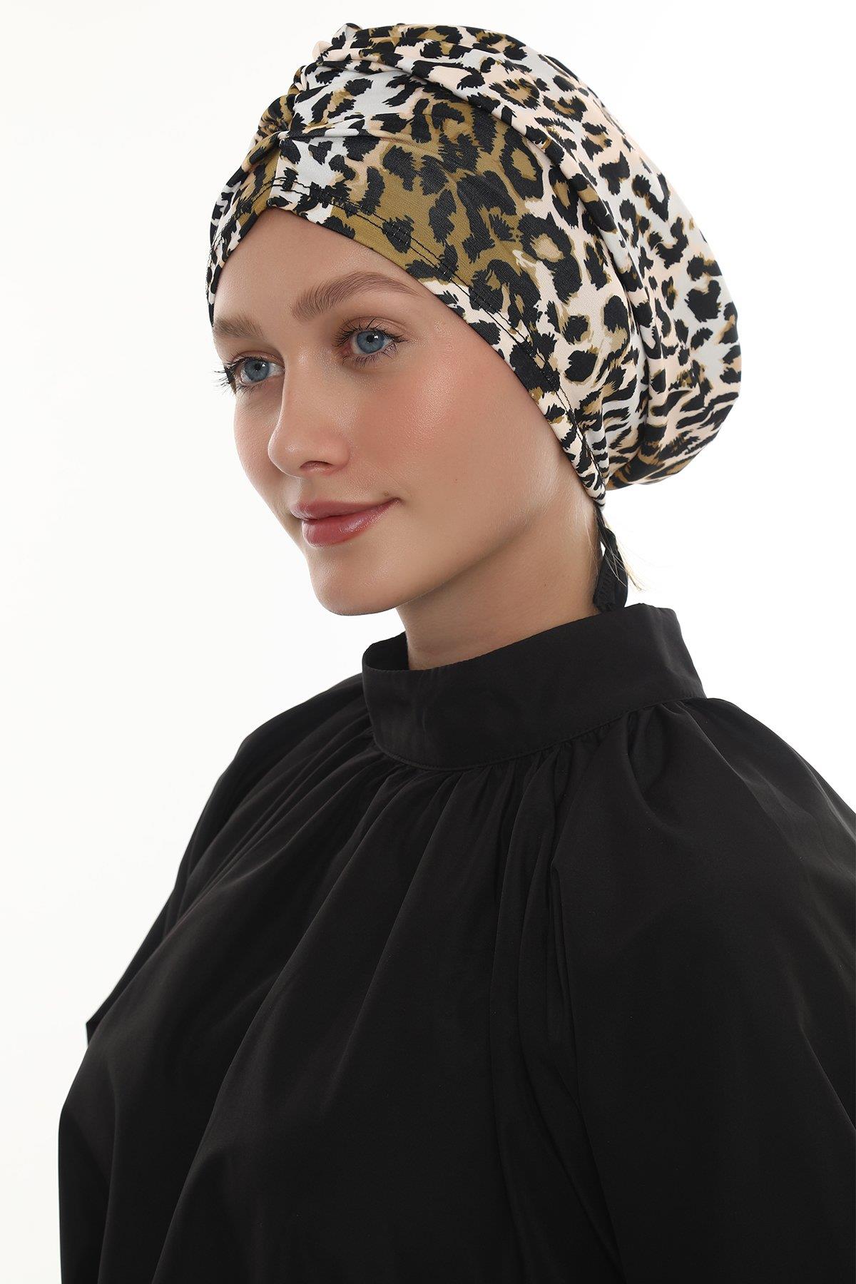 Gold Drapeli Salaş Tesettür Bone Sandy Leopar Desen 2510_03