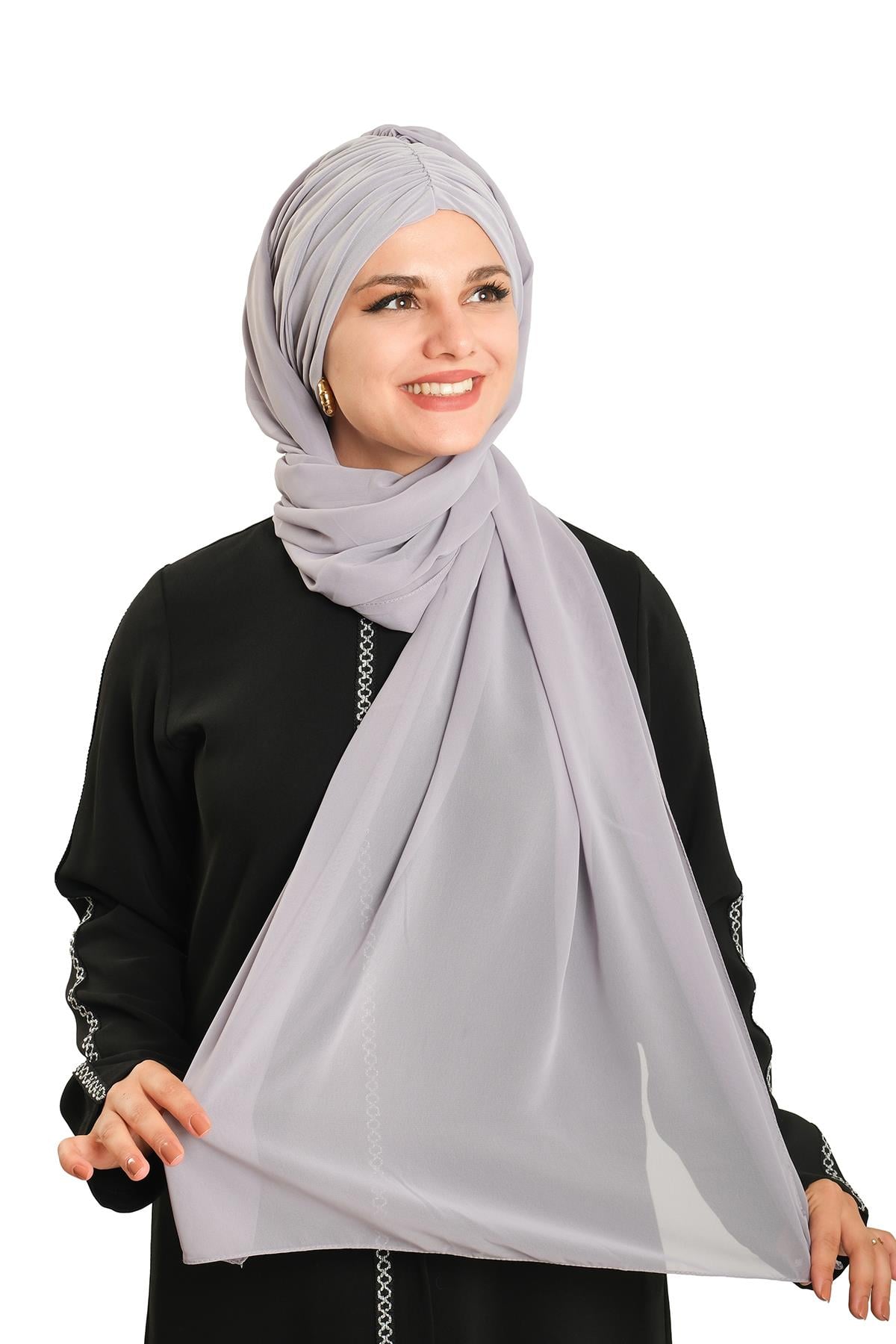 Gri Pratik Hazır Geçmeli Bone Şal Şifon Drapeli 2507_15