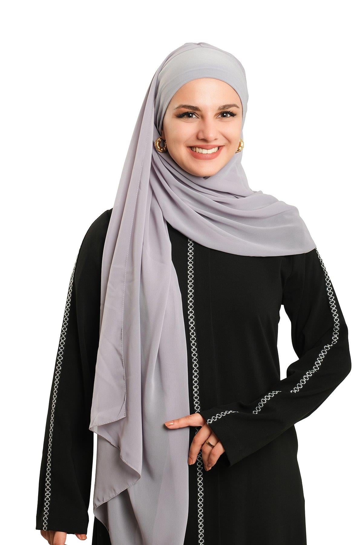 Gri Pratik Hazır Geçmeli Bone Şal Şifon Düz 2506_15