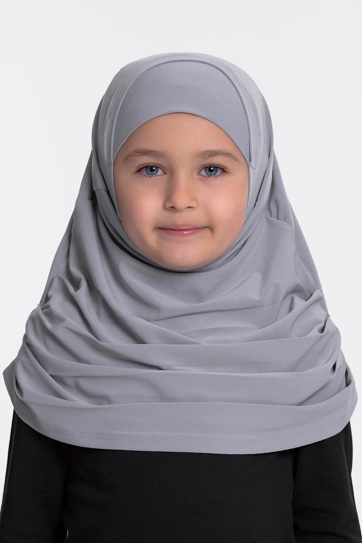 Gri Pratik Hazır Geçmeli Çocuk Tesettür Bone Sandy Kumaş Kendinden Boneli 78_15