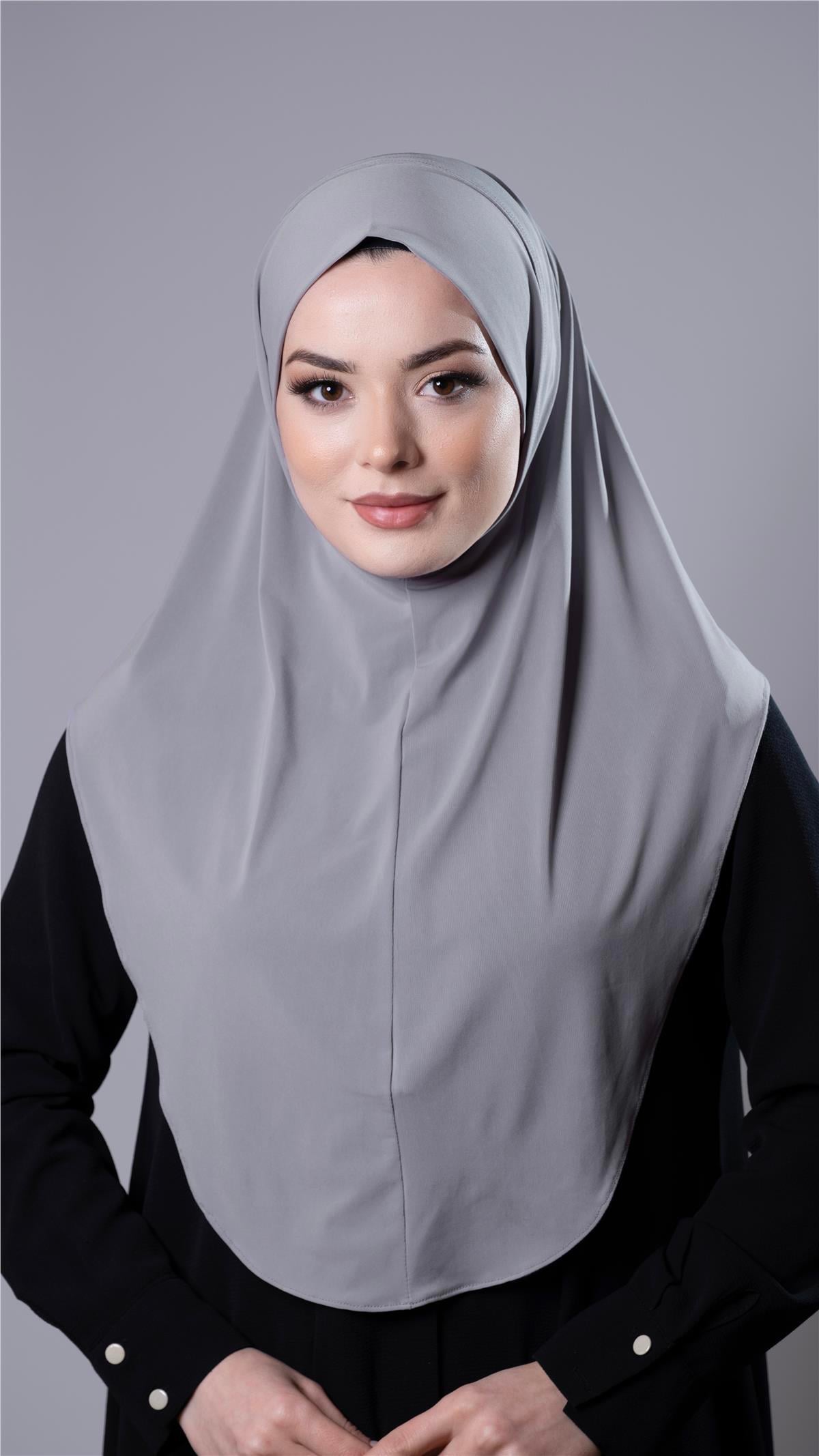 Gri Pratik Hazır Geçmeli Tesettür Eşarp Sandy Kumaş Düz Hijab 2308_15