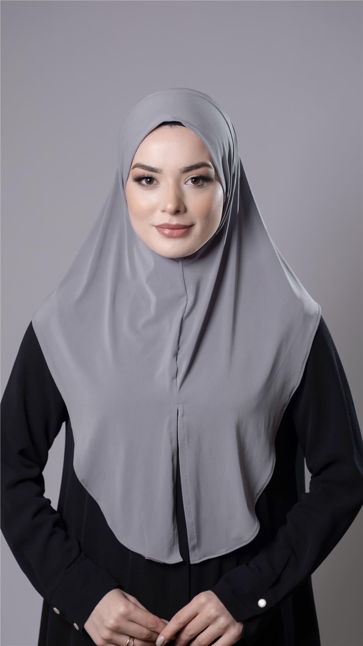Gri Pratik Hazır Geçmeli Tesettür Eşarp Sandy Kumaş Yırtmaçlı Düz Hijab 2310_15