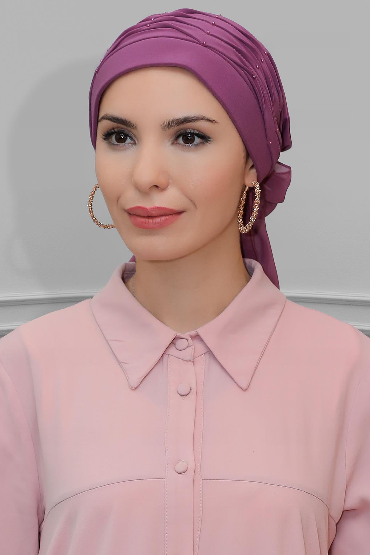 Gül Kurusu Pratik Hazır Geçmeli Tesettür Bone Sandy Kumaş İncili Pileli Nervürlü Güllü 1805_18