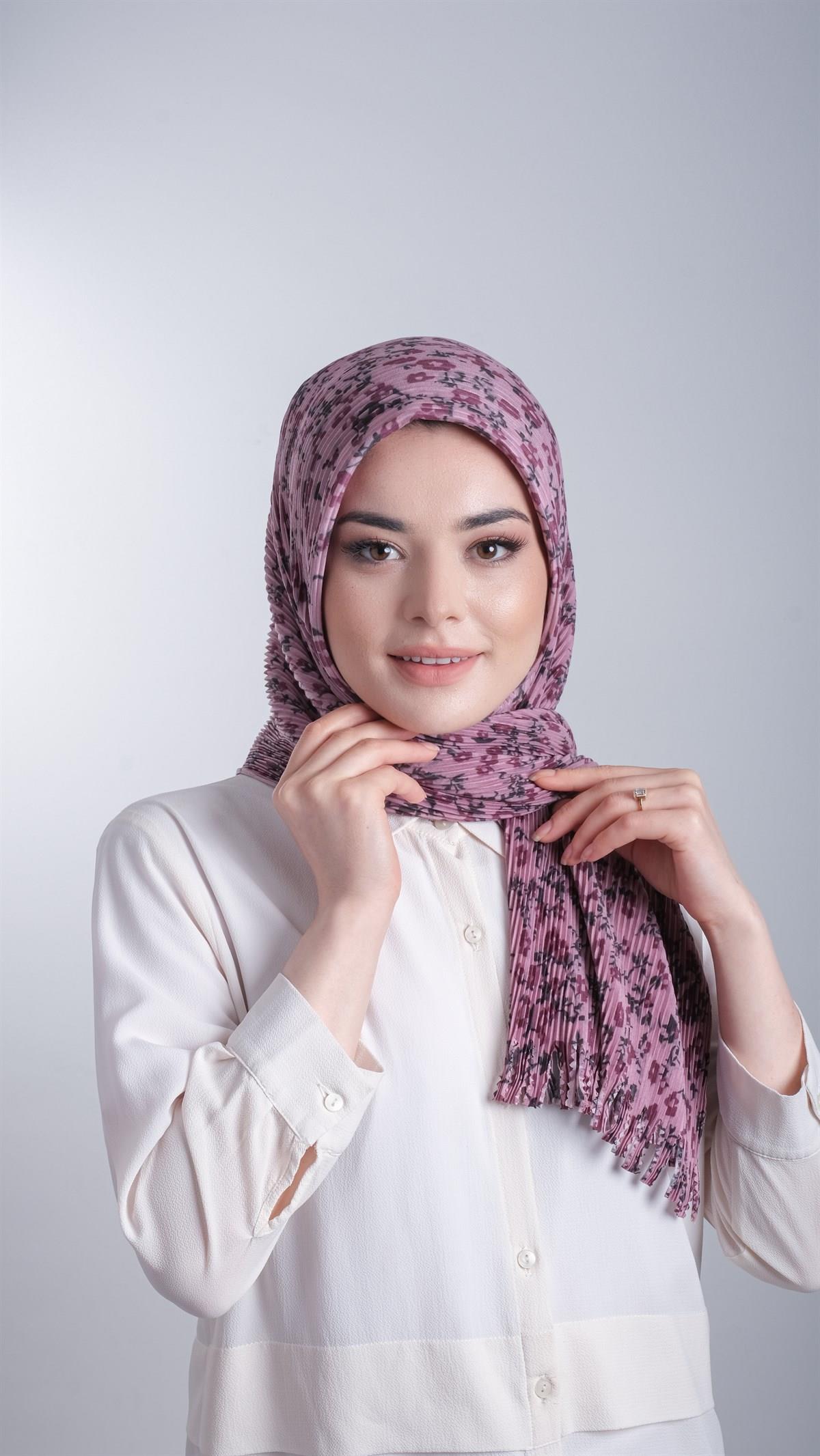 Gül Kurusu Pratik Hazır Geçmeli Tesettür Eşarp Kesik Elyaf Piliseli Çiçek Desenli 1818D7_18