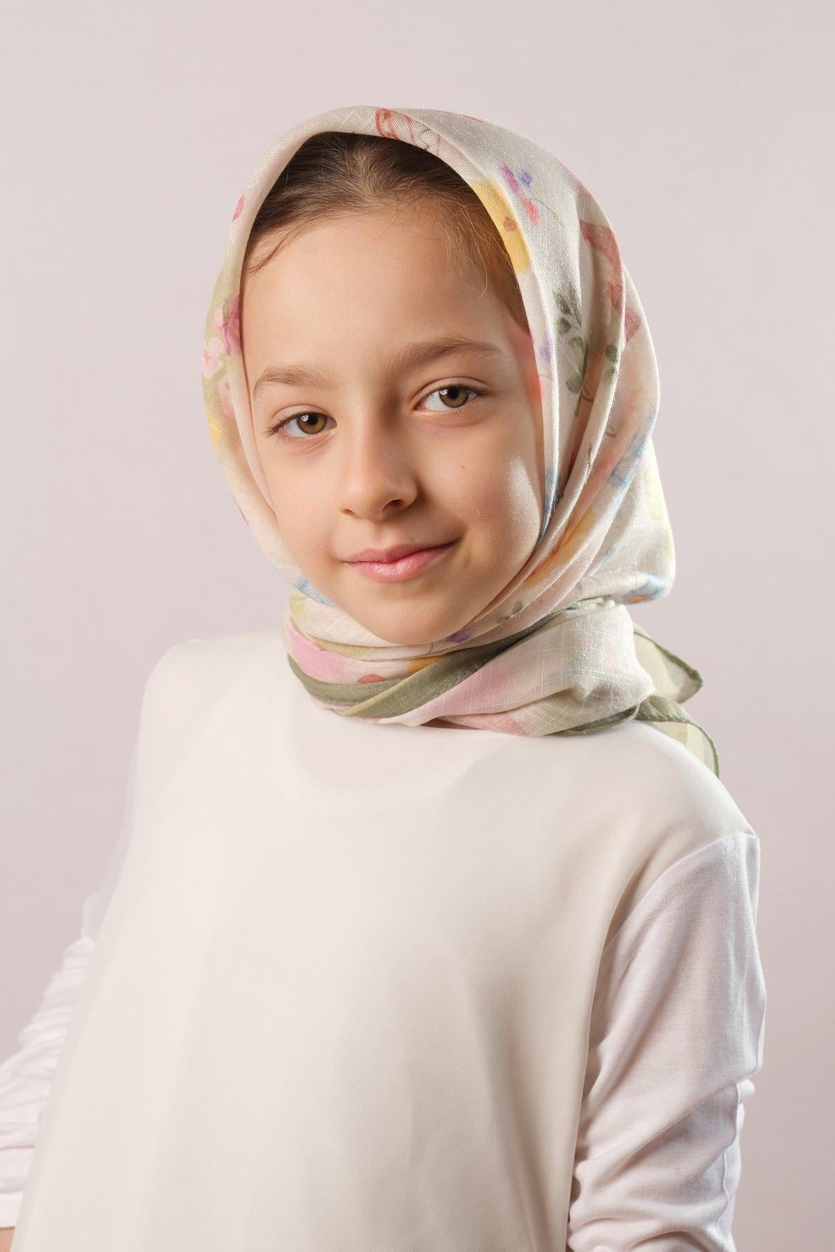 Haki Dijital Baskılı Çocuk Tesettür Eşarp Pamuk Polyester Çiçek Desenli 6002_09