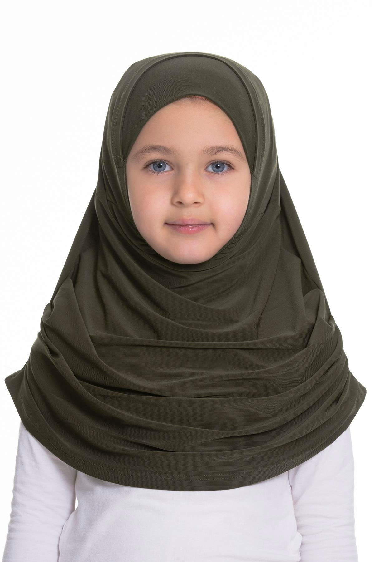 Haki Pratik Hazır Geçmeli Çocuk Tesettür Bone Sandy Kumaş Kendinden Boneli 78_09