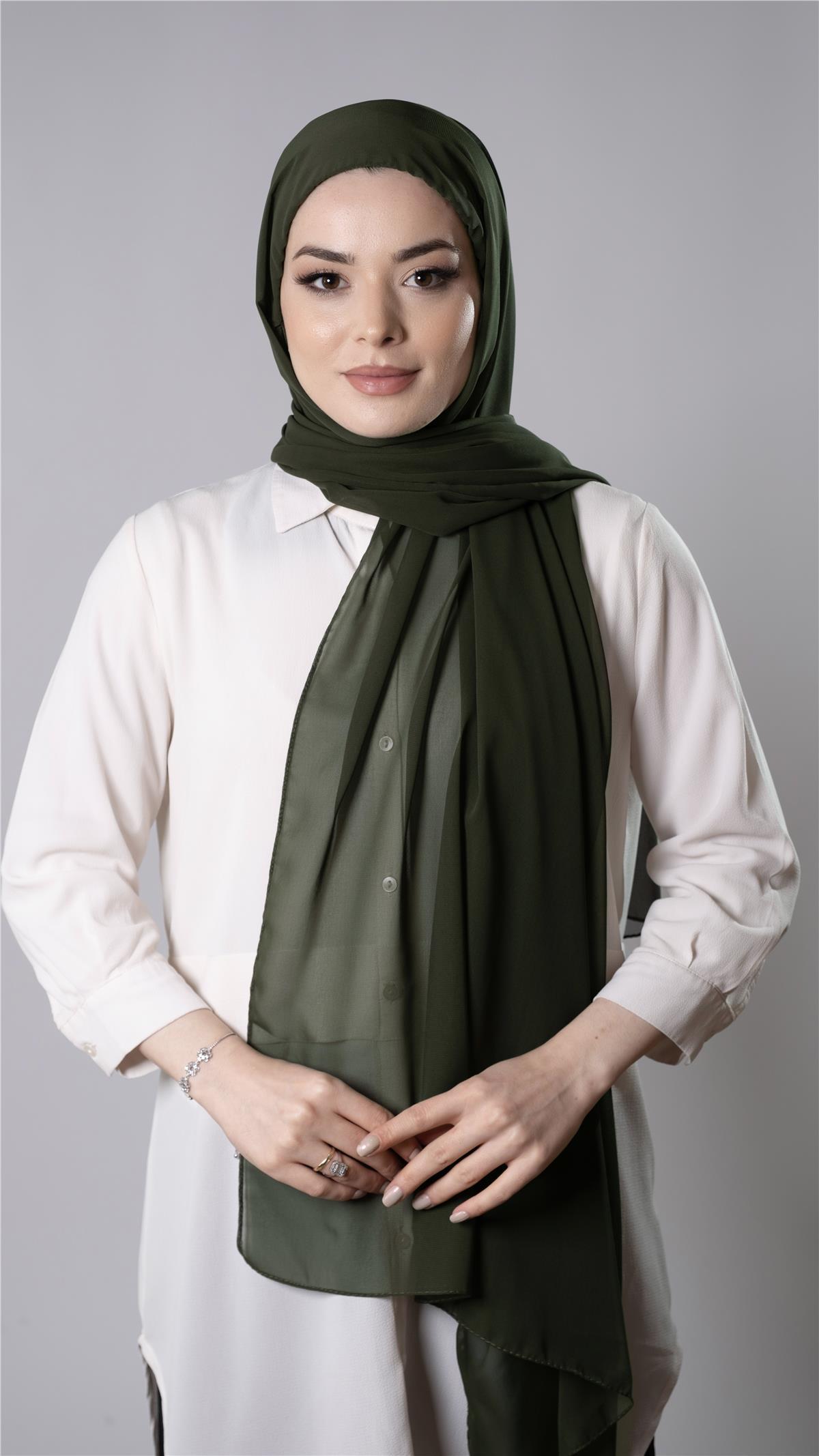 Haki Pratik Hazır Geçmeli Şal Şifon Kumaş Hijab Bone 3009_09