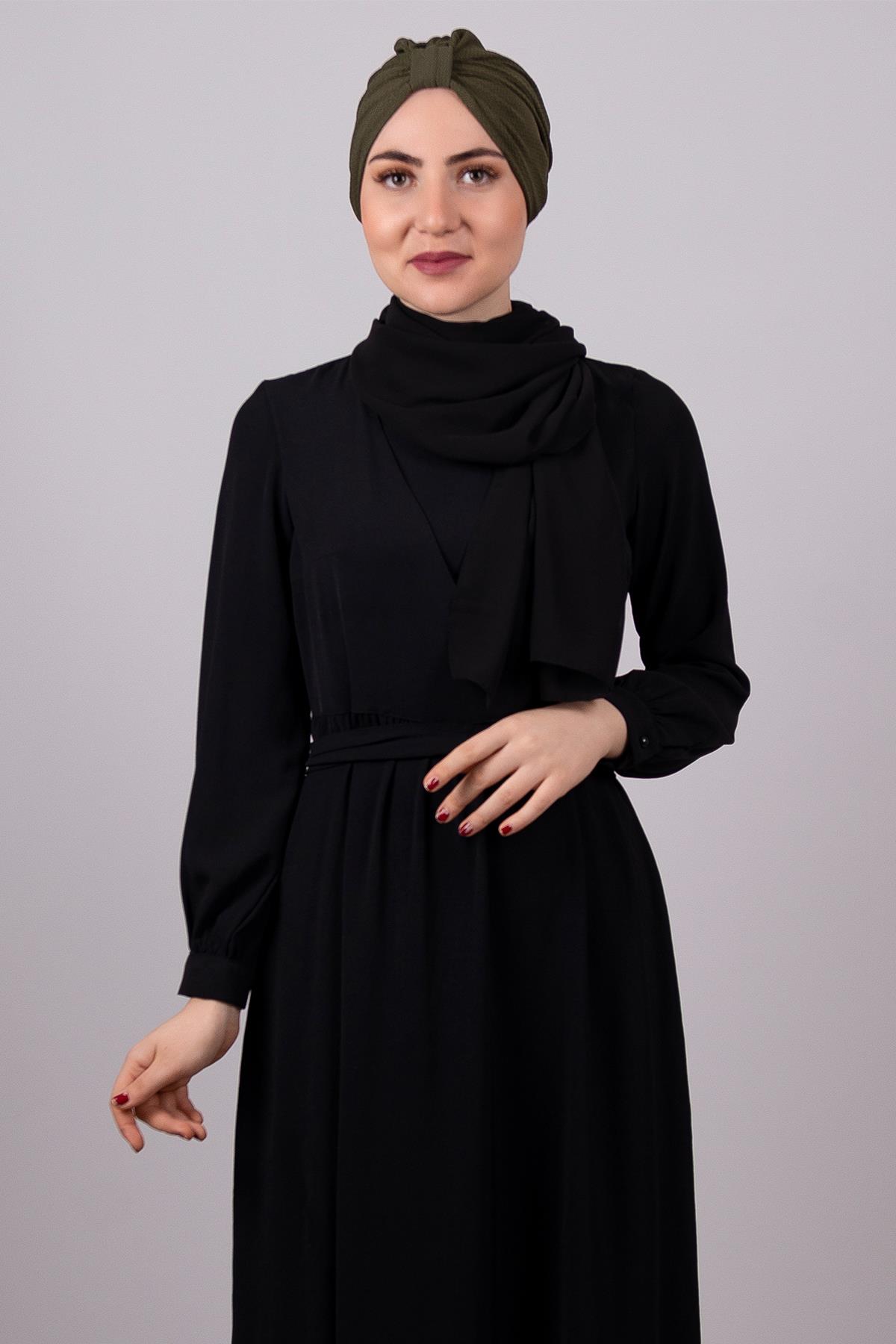 Haki Pratik Hazır Geçmeli Tesettür Bone Petekli Büzgülü 1204E_09