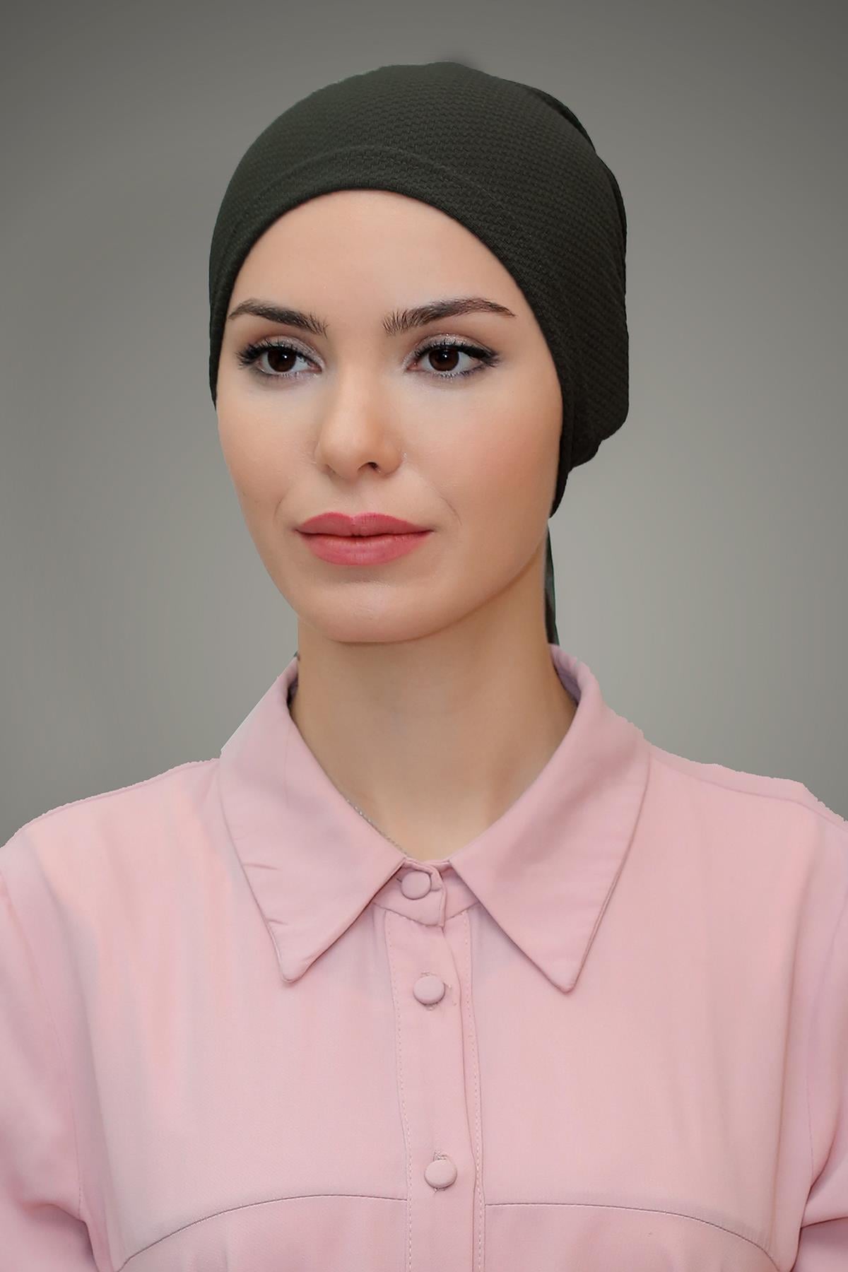 Haki Pratik Hazır Geçmeli Tesettür Bone Petekli Güllü 1201_09