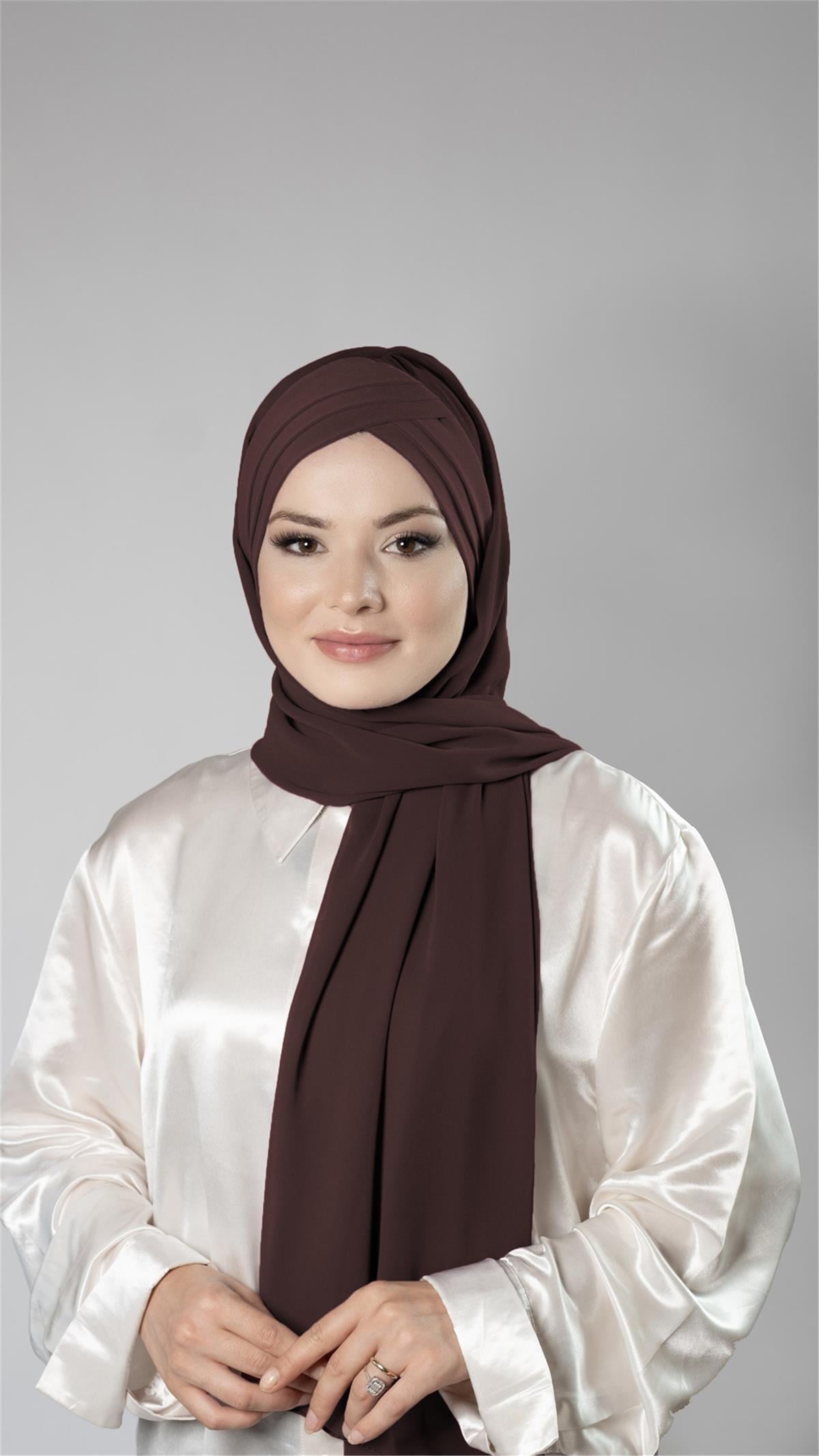 Kahverengi Pratik Hazır Geçmeli Bone Şal Şifon Kendinden Boneli Üç Bantlı 1451_14
