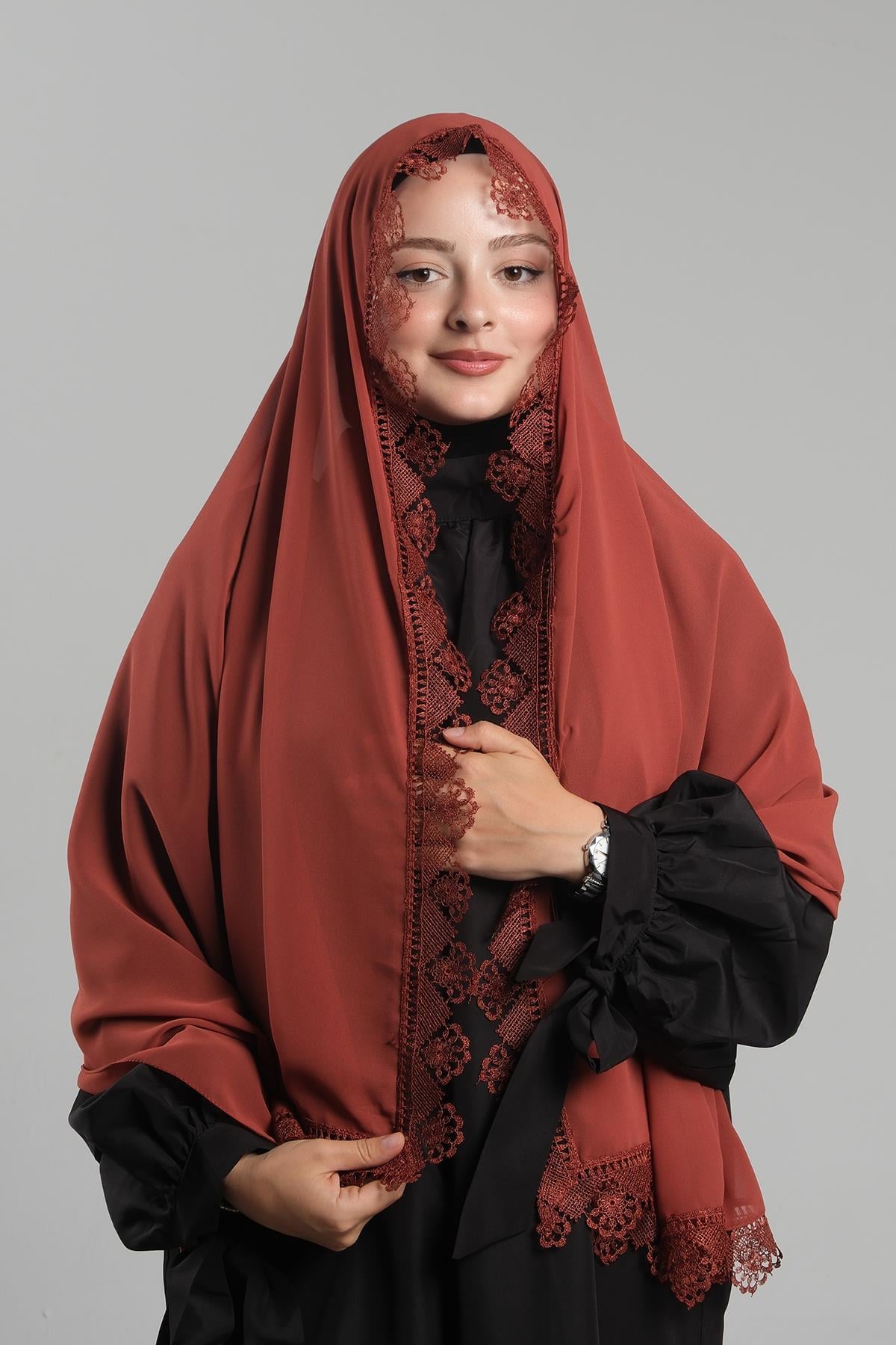 Kiremit Namaz Başörtüsü Şal Şifon Güpürlü 202106_05