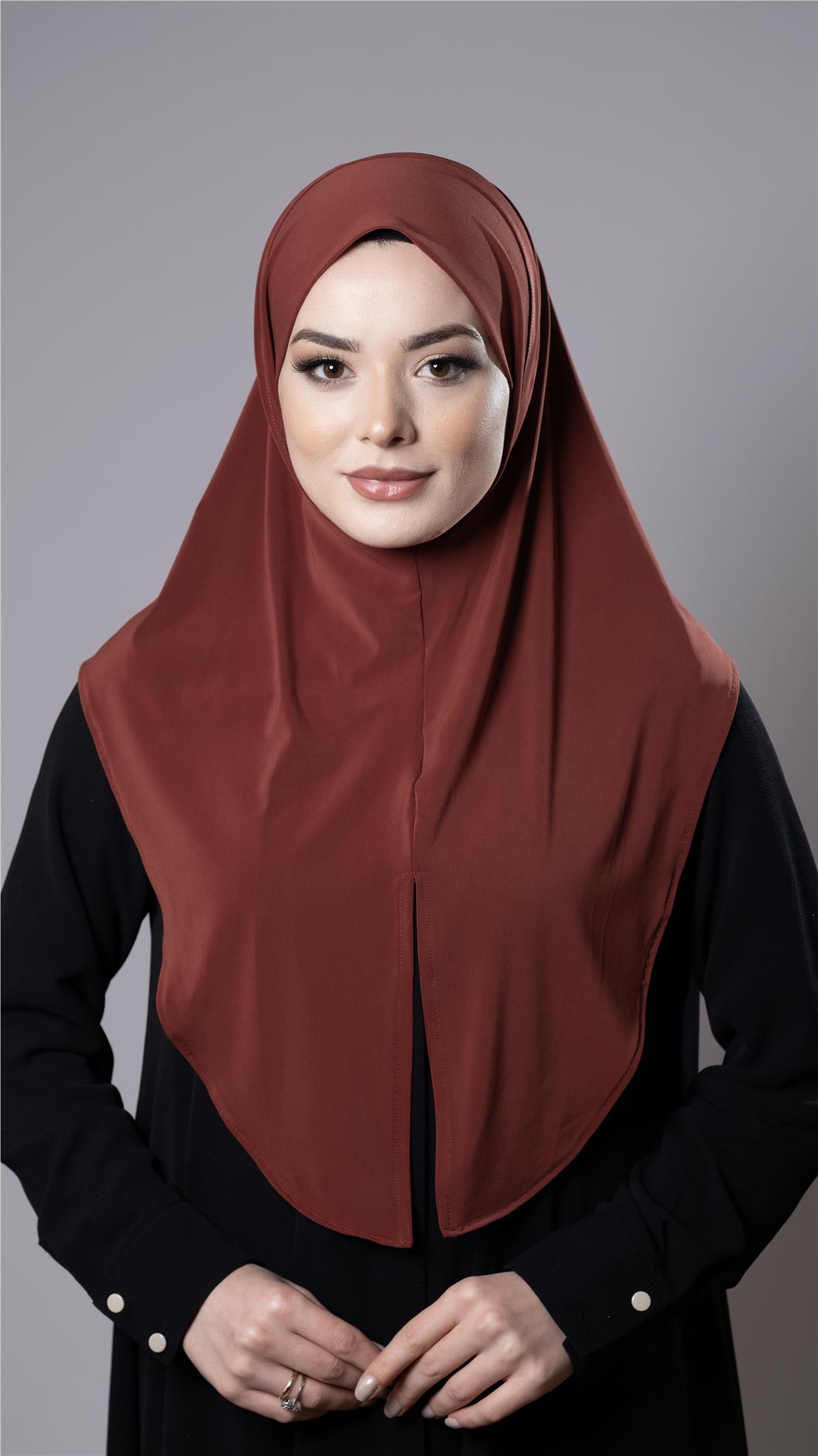 Kiremit Pratik Hazır Geçmeli Tesettür Eşarp Sandy Kumaş Yırtmaçlı Düz Hijab 2310_05