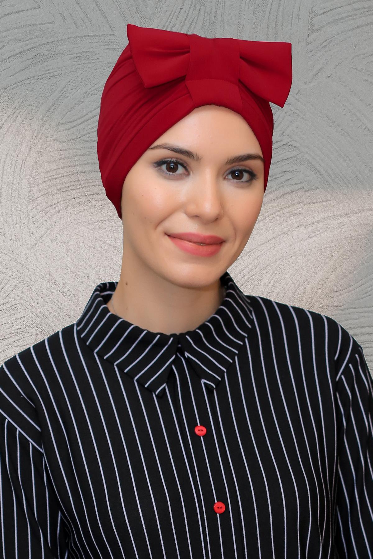 Kırmızı Pratik Hazır Geçmeli Tesettür Bone Sandy Kumaş Fiyonklu Büzgülü 7010_31