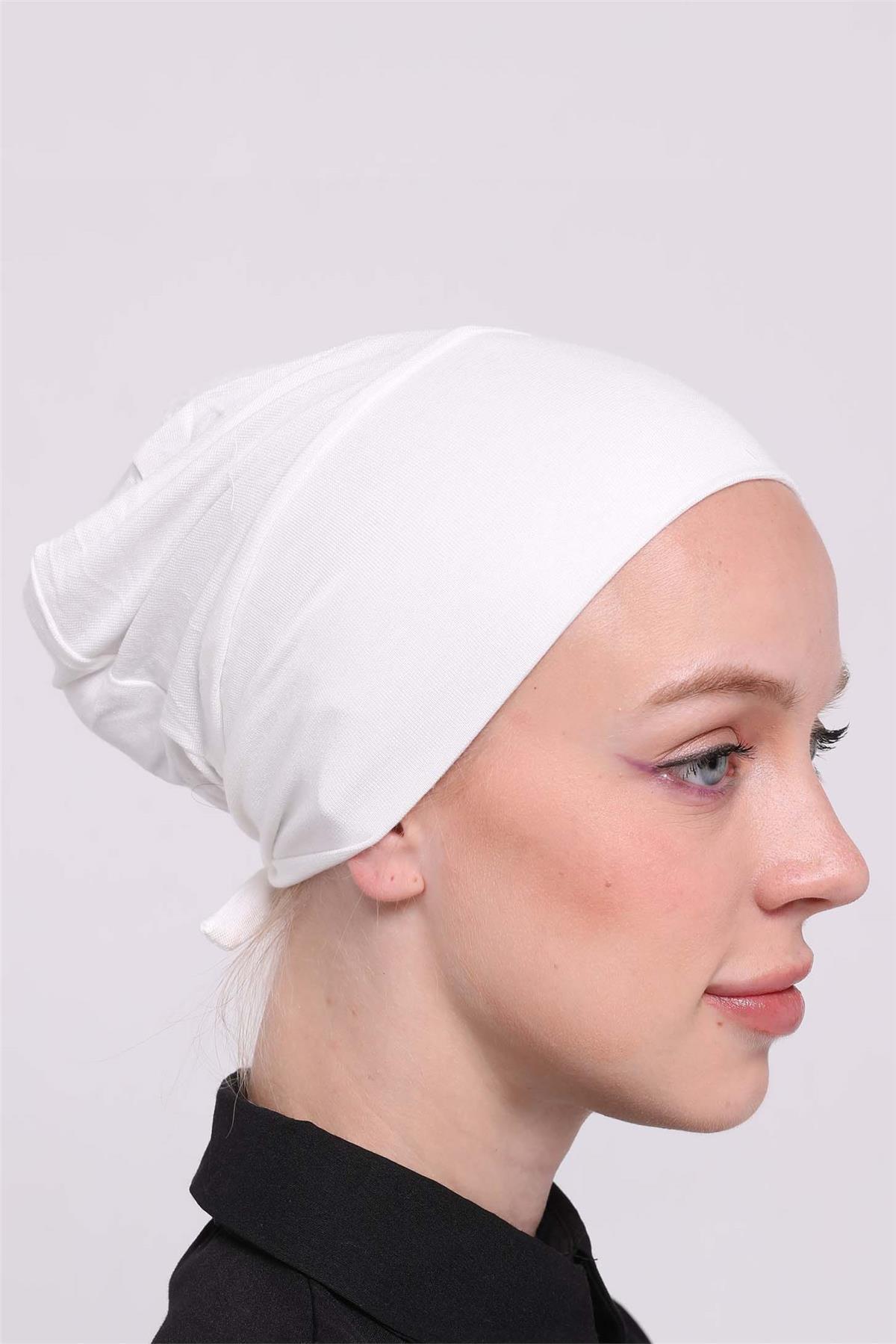 Krem Arkadan Bağlamalı Tesettür Bone Viskon Kumaş Dikişsiz Geçmeli Likralı İç Bone 3010_40