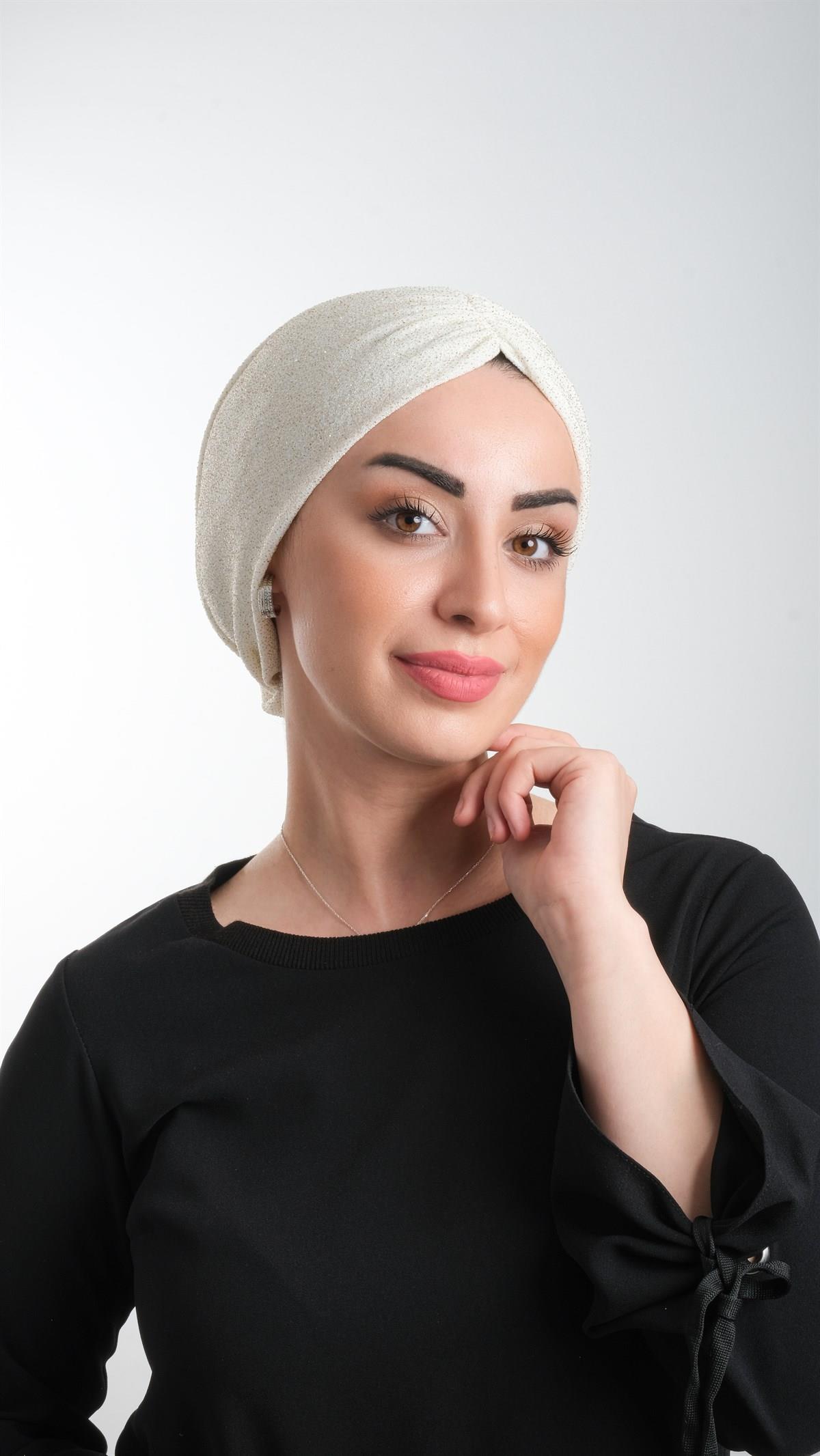 Krem Pratik Hazır Geçmeli Tesettür Bone Fukuro Simli Büzgülü 2116_40