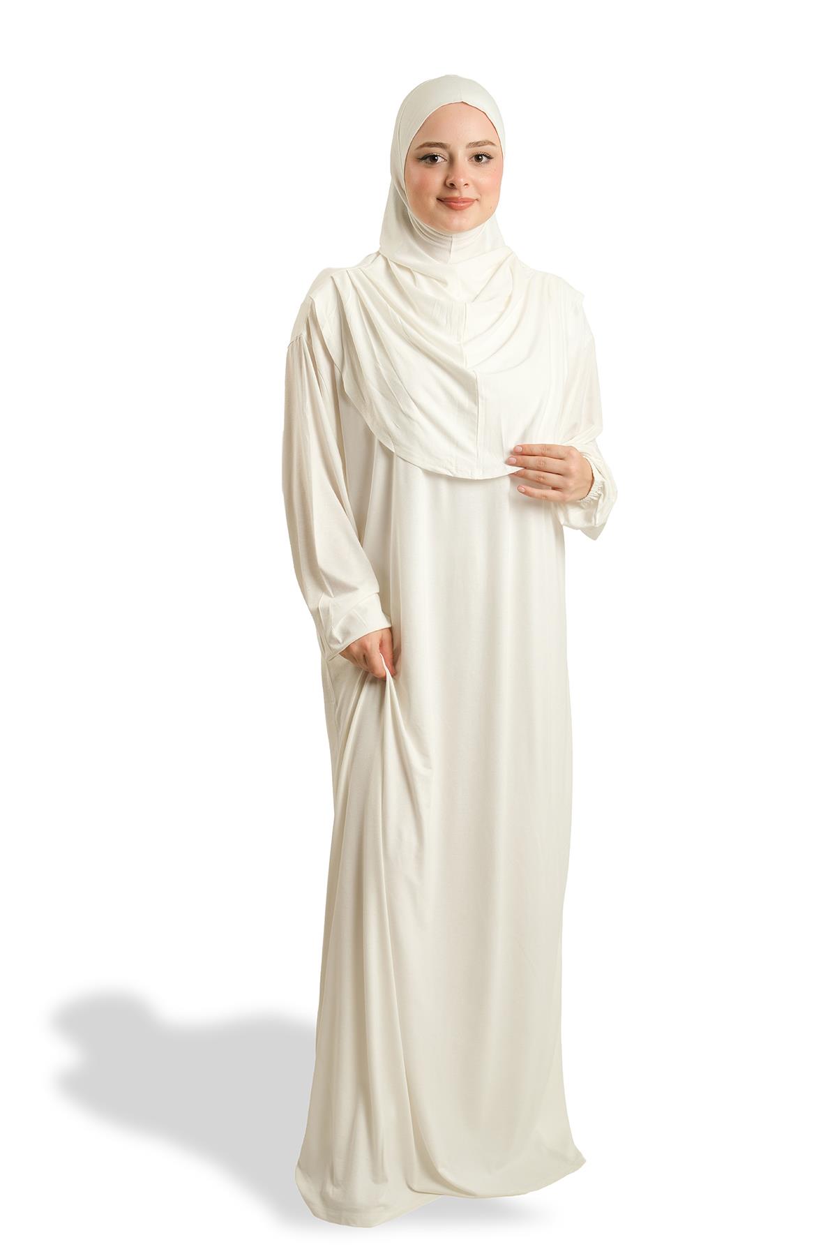Krem Tek Parça Namaz Elbisesi Viskon Düz 2503_40