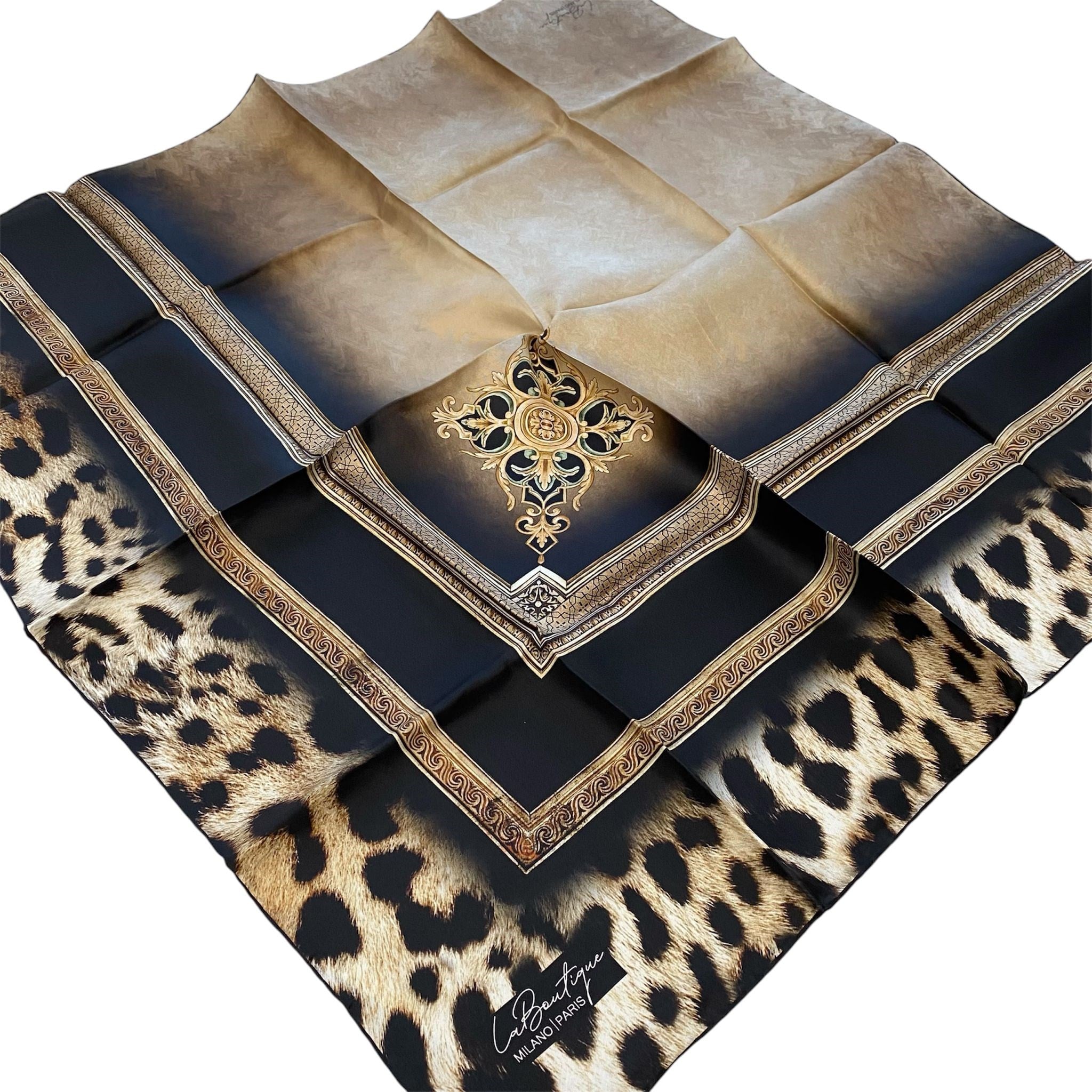 La Boutique Az Hatalı Tivil Saf İpek Eşarp 54413 Siyah Leopar Desen 