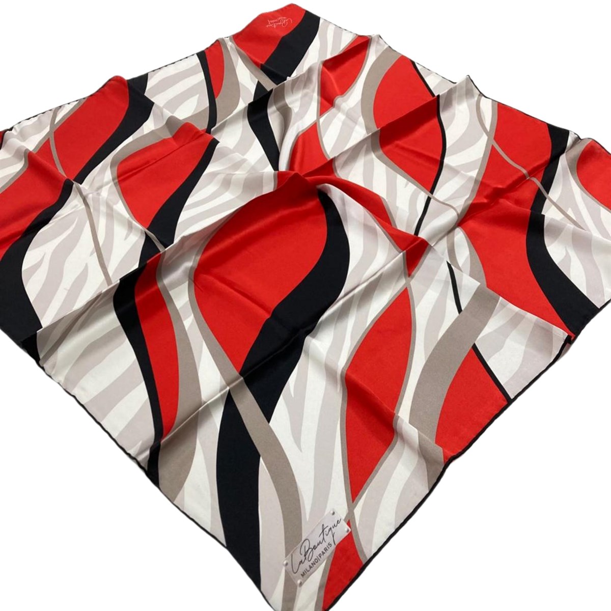 La Boutique Defolu Siyah Kırmızı İpek Eşarp 1601-55 Renk:  Siyah,kırmızı,vizon,kirli beyaz