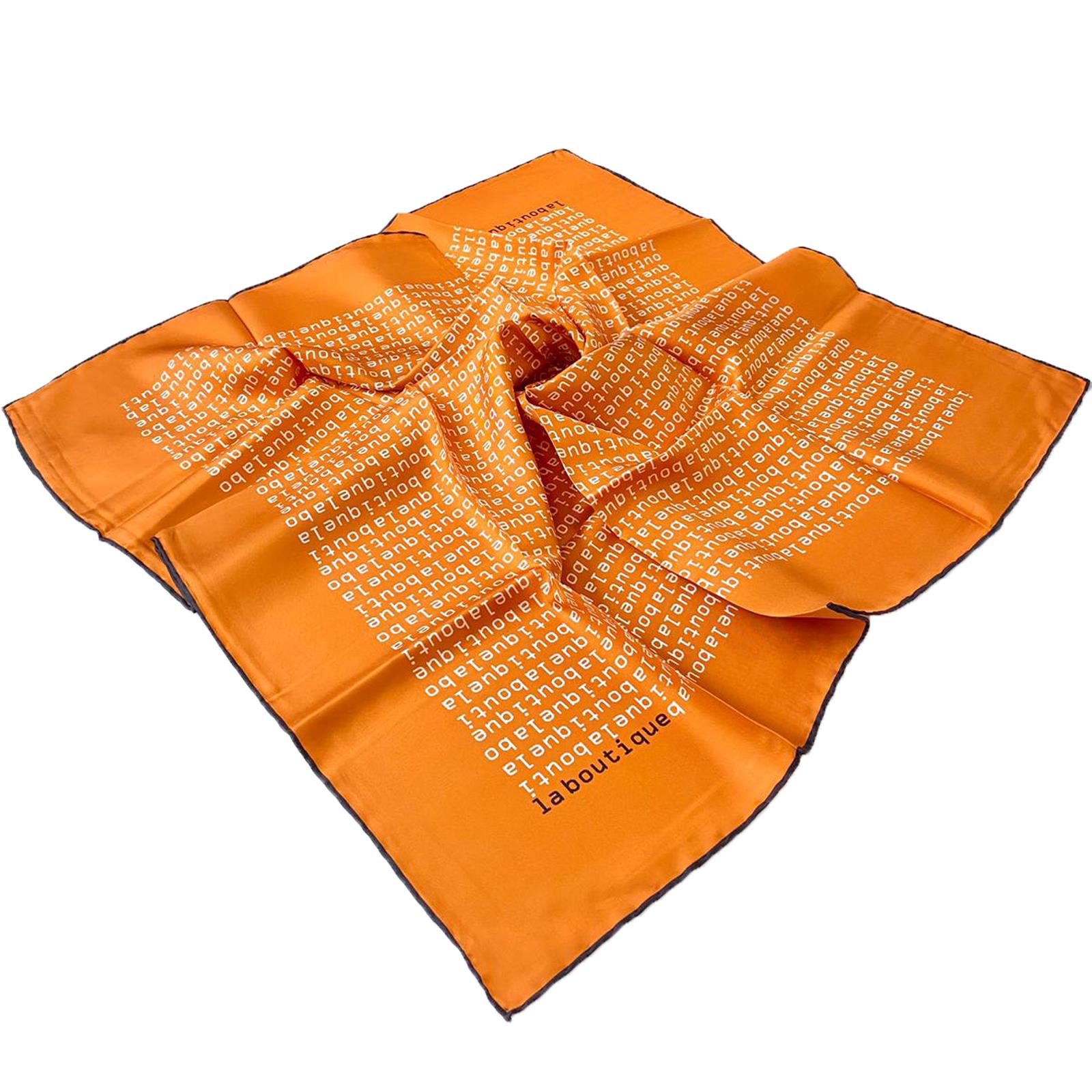La Boutique Defective Orange Text Pattern Satin Silk Scarf 30083